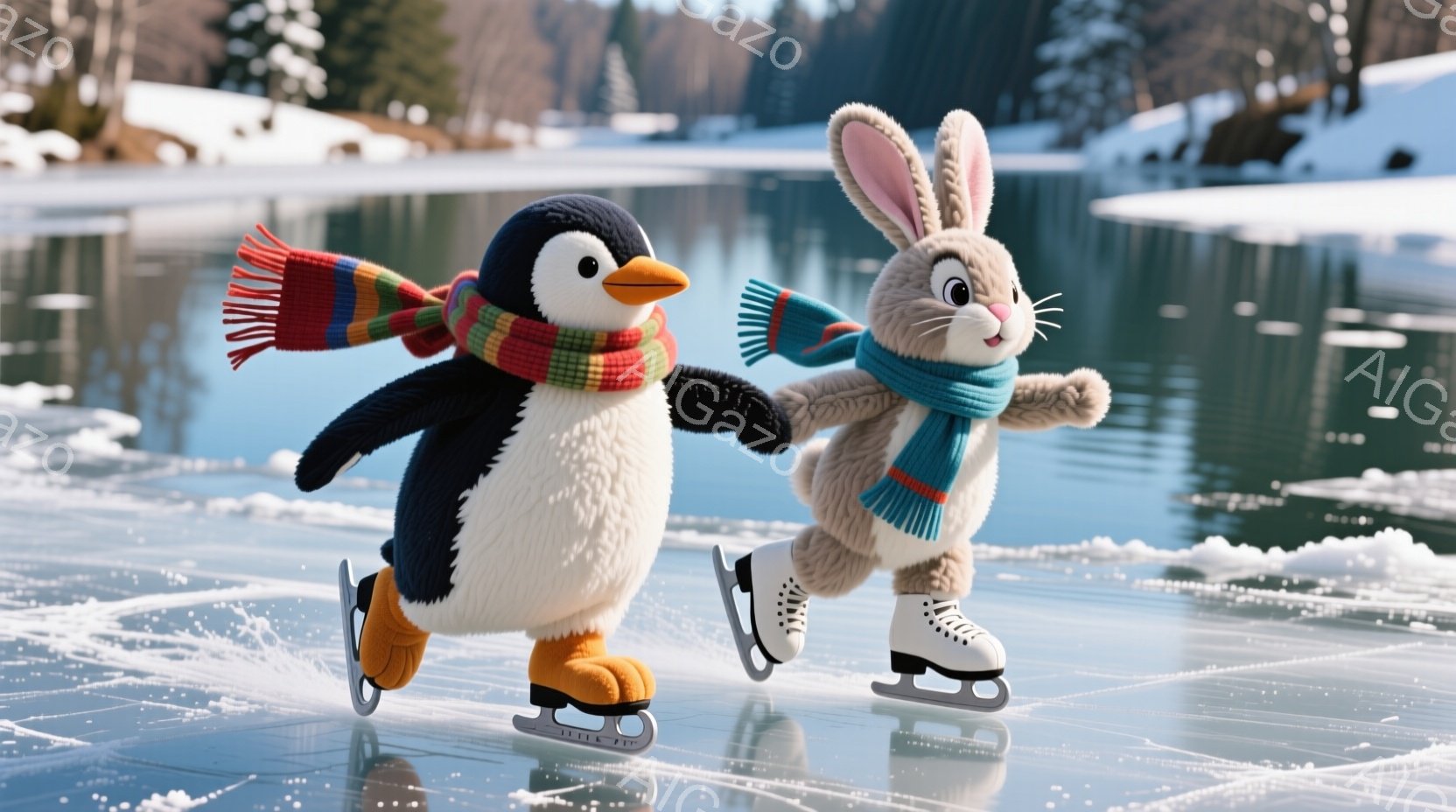 ペンギンとウサギが氷上をスケートしている様子が描かれています。ペンギンはカラフルなストライプのセーターとマフラーを身に着け、ウサギは茶色の毛並みに水色のマフラーを巻いています。背景には雪を頂いた山々と - AI生成フリー素材