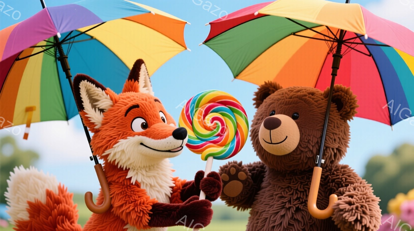 明るい緑の草原を背景に、キツネとクマが寄り添って立っています。キツネはオレンジ色のふわふわした服を着ており、クマは茶色のふわふわした毛並みで、それぞれカラフルな雨傘を持っています。二匹は互いにキャンデ - AI生成フリー素材