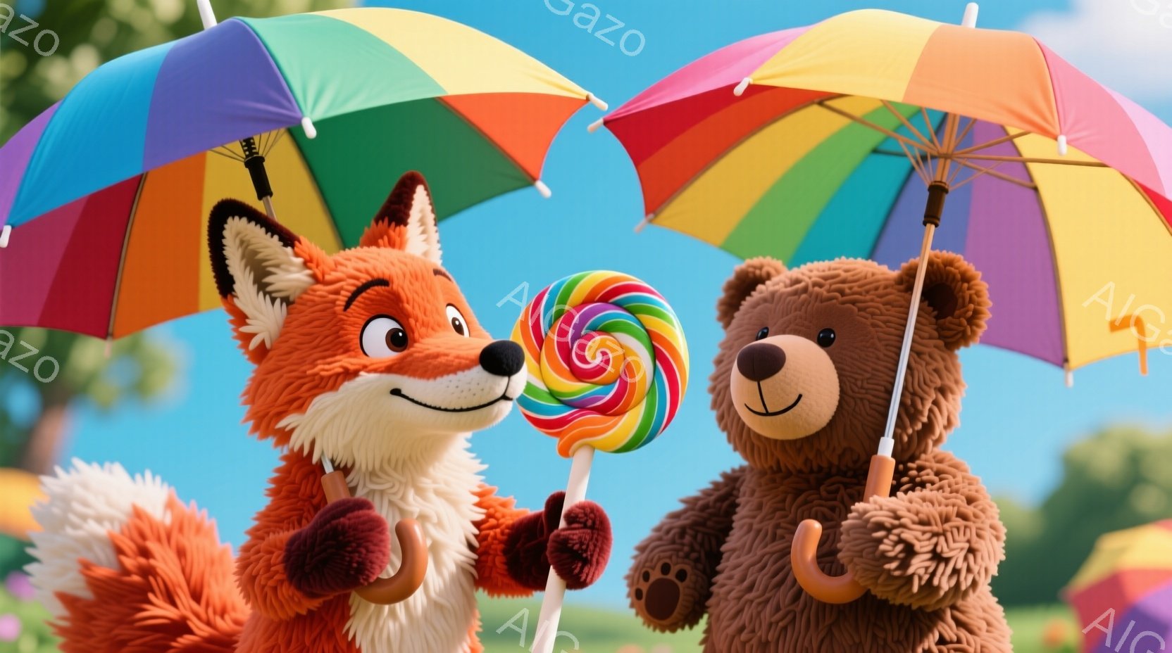 明るい緑の草原を背景に、キツネとクマが並んで立っています。キツネは赤い手袋をはめ、巨大な渦巻きキャンディを持っています。クマは控えめで、キツネの方を見ており、両者ともカラフルな傘の下に守られています。 - AI生成フリー素材