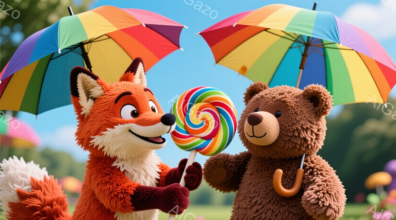 オレンジ色のキツネと茶色のクマが、それぞれ虹色の傘をさして並んでいます。キツネはクマに大きな渦巻きキャンディーを手渡そうとしており、両者とも楽しそうな表情をしています。背景は緑の芝生と木々があり、晴れ - AI生成フリー素材