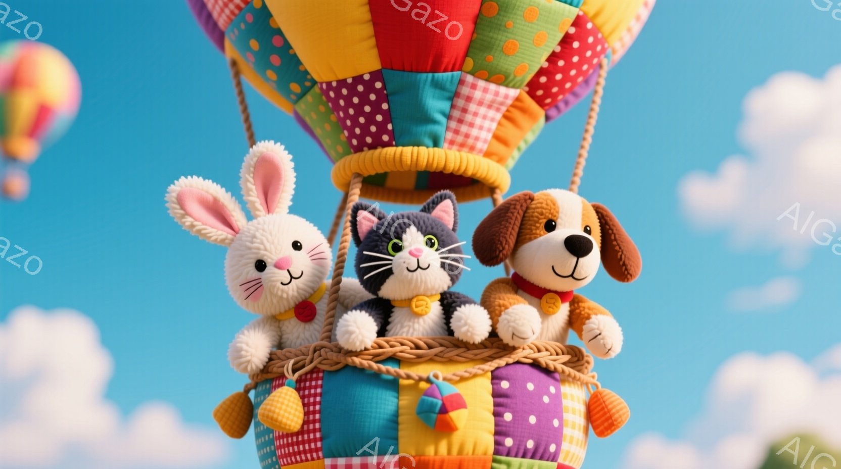 鮮やかな色彩のホットエアバルーンのゴンドルの中に、ウサギ、ネコ、犬のぬいぐるみたちが寄り添って座っています。それぞれのぬいぐるみは可愛らしい表情で、ウサギはピンクの服を着て、ネコは赤い蝶ネクタイを付け - AI生成フリー素材