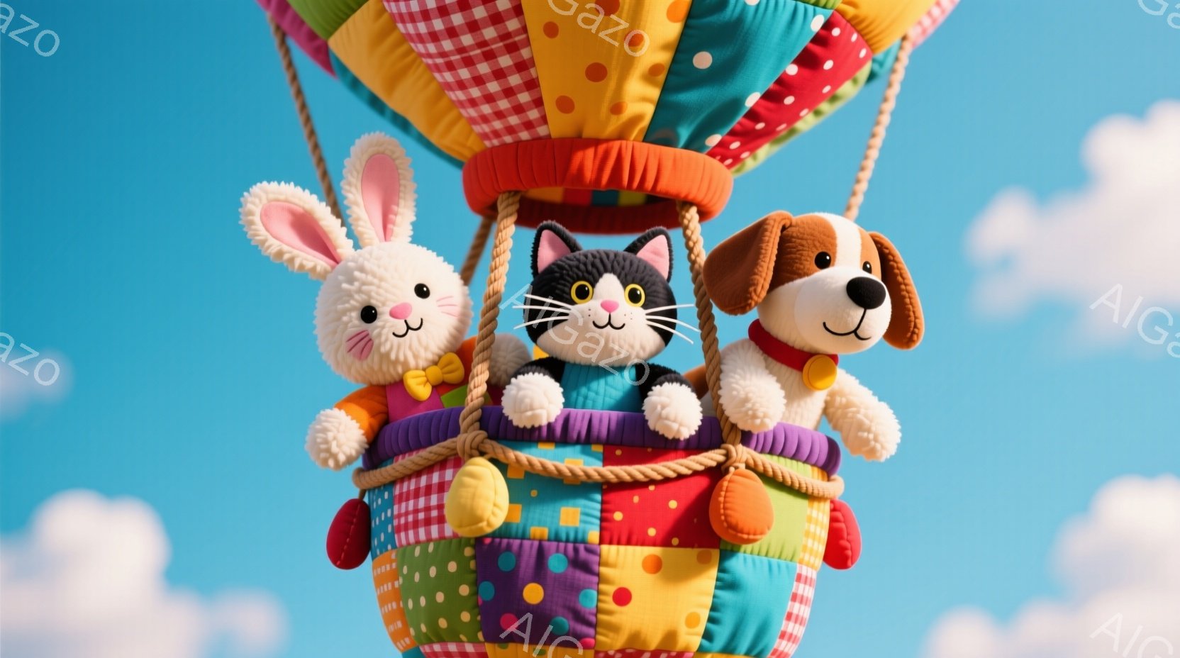 明るい空を背景に、パッチワーク模様のゴンドールに乗った、ウサギ、猫、犬のぬいぐるみたちが描かれています。動物たちはそれぞれ可愛らしい表情で、ウサギは黄色い蝶ネクタイ、猫はピンクのリボンをつけており、犬は赤いバンダナを巻いています。全体的に暖かく、遊び心のある、夢のような雰囲気が漂っています。