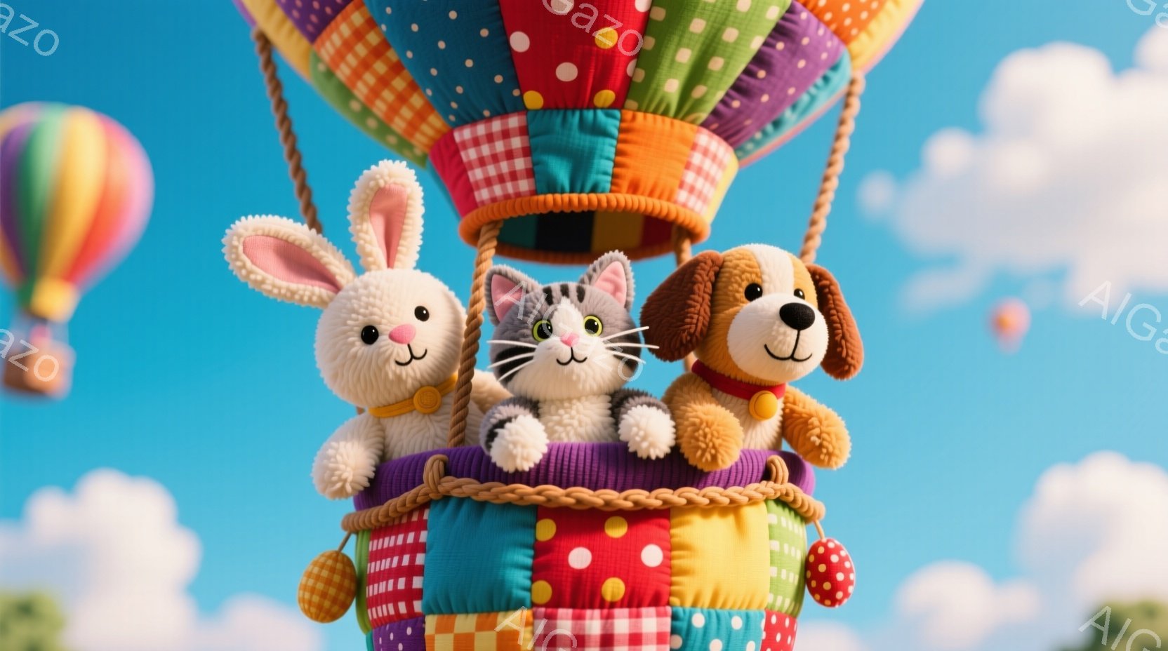ぬいぐるみのようなウサギ、猫、犬が、パッチワーク模様のゴンドラに乗った熱気球の中にいます。彼らは皆笑顔で、楽しそうな表情をしています。背景は鮮やかな青空と、遠くに見える他のカラフルな熱気球で、全体的に - AI生成フリー素材