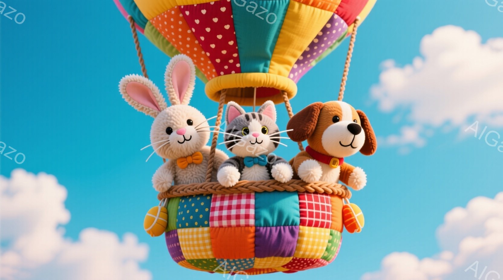 ふわふわのぬいぐるみであるウサギ、猫、犬が、カラフルなパッチワークで作られたゴンドラに乗って空を飛んでいます。ウサギは黄色いリボン、猫は青い蝶ネクタイ、犬は赤いバンダナを身につけており、それぞれ笑顔で - AI生成フリー素材