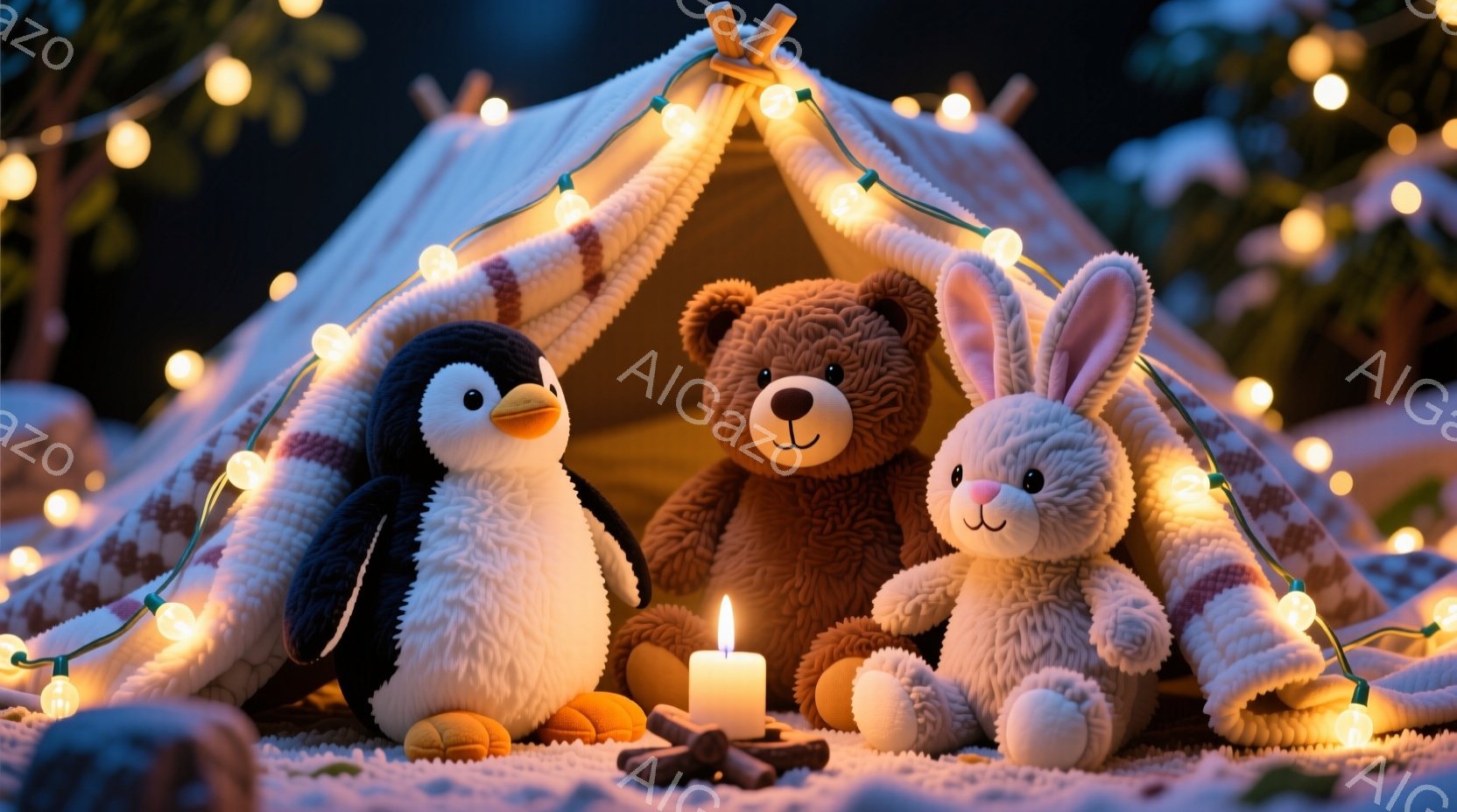 ペンギン、クマ、ウサギのぬいぐるみたちが、イルミネーションライトとキャンドルで飾られたテントの中で寄り添っています。それぞれのぬいぐるみは可愛らしい表情をしており、冬の夜の温かく穏やかな雰囲気を醸し出 - AI生成フリー素材