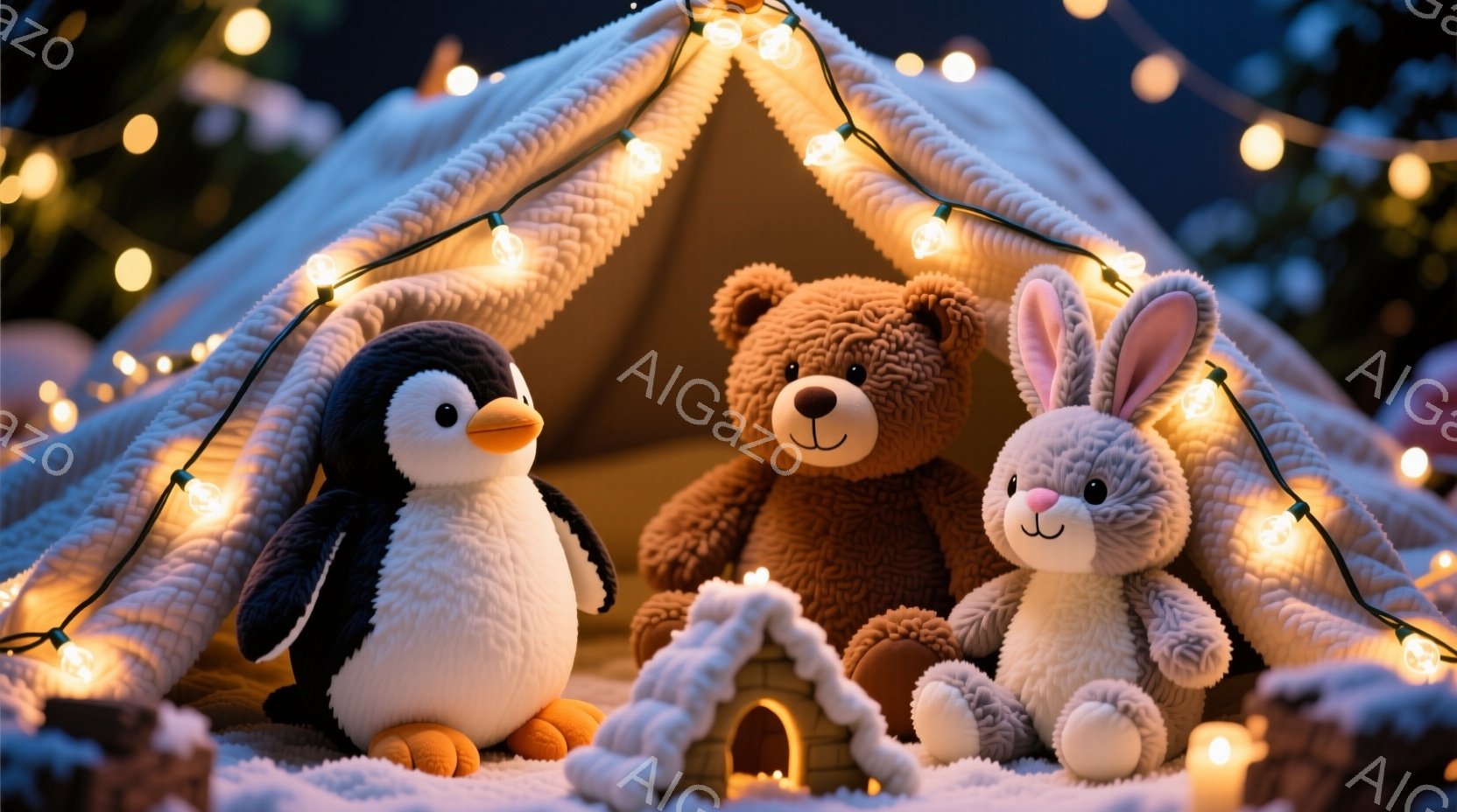 ぬいぐるみのアザラシ、クマ、ウサギが、光るガーランドで飾られた暖かいテントの中に座っています。アザラシはオレンジ色の小さなスカーフを巻き、クマとウサギはリラックスした表情で、穏やかな雰囲気を醸し出しています。背景には小さな家と雪景色がぼやけて見え、冬の暖かく心地よい夜を思わせます。