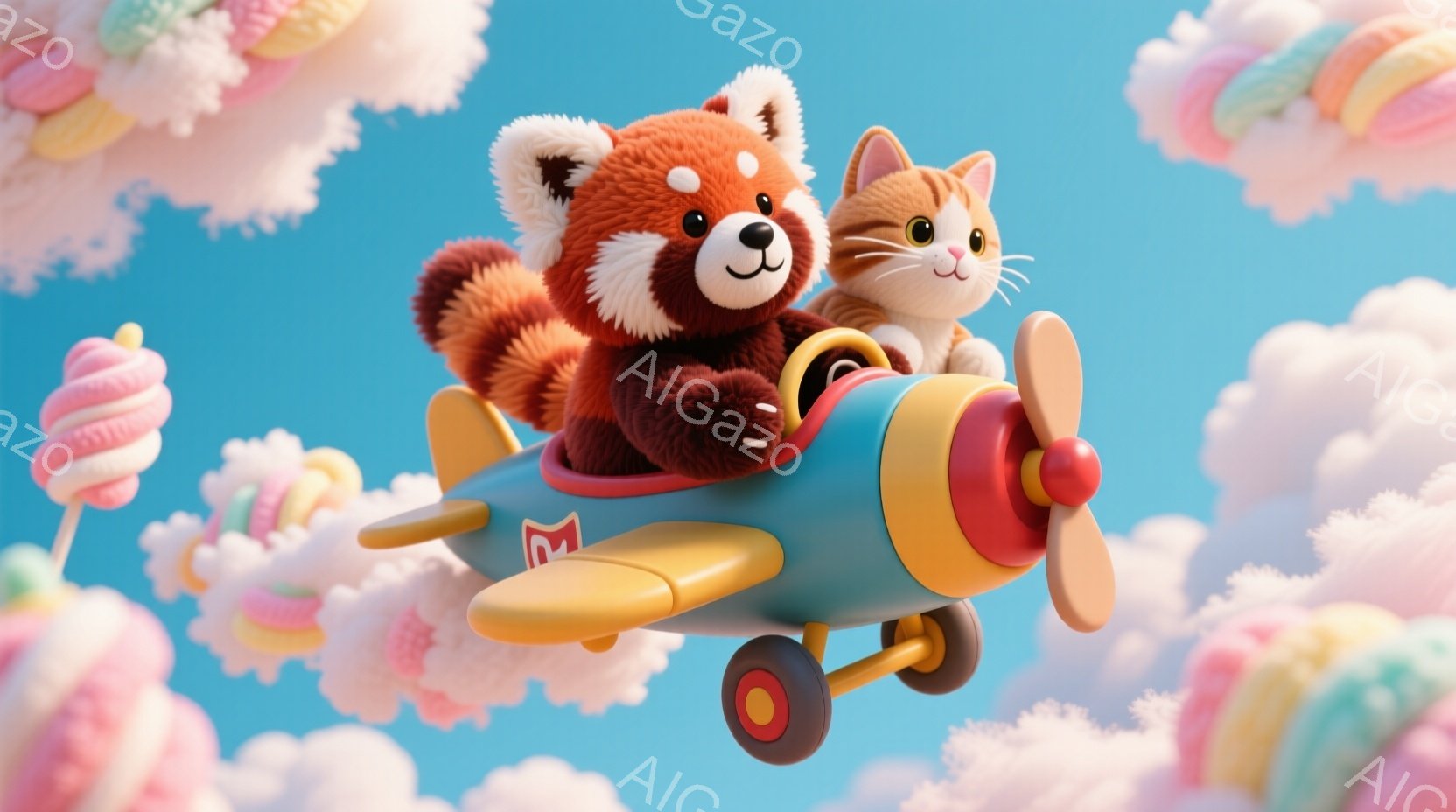 赤いパンダとオレンジ色の猫が、水色の飛行機に乗って空を飛んでいます。パンダはパイロットのようにハンドルを握り、猫は助手席でリラックスした表情をしています。背景には、マカロンのような雲が浮かび、明るく夢幻的な雰囲気を醸し出しています。