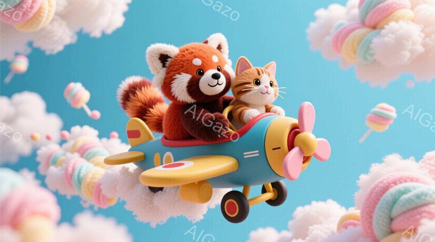 赤いパンダと子猫がターコイズブルーの飛行機に乗って空を飛んでいます。パンダはパイロットのような服装で、子猫は助手席に座り、笑顔で前を見つめています。背景にはマカロンのような雲が浮かび、明るく楽しい雰囲気を醸し出しています。