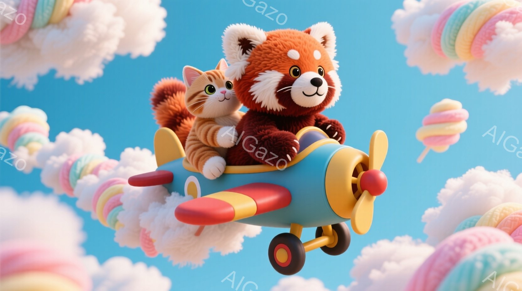 赤いパンダとオレンジ色のトラ柄の猫が、水色の飛行機に乗って空を飛んでいる様子が描かれています。パンダはパイロットのように座り、猫は助手席に座って楽しんでいるような表情をしています。背景には、マカロンのような雲が浮かび、明るく幻想的な雰囲気を醸し出しています。