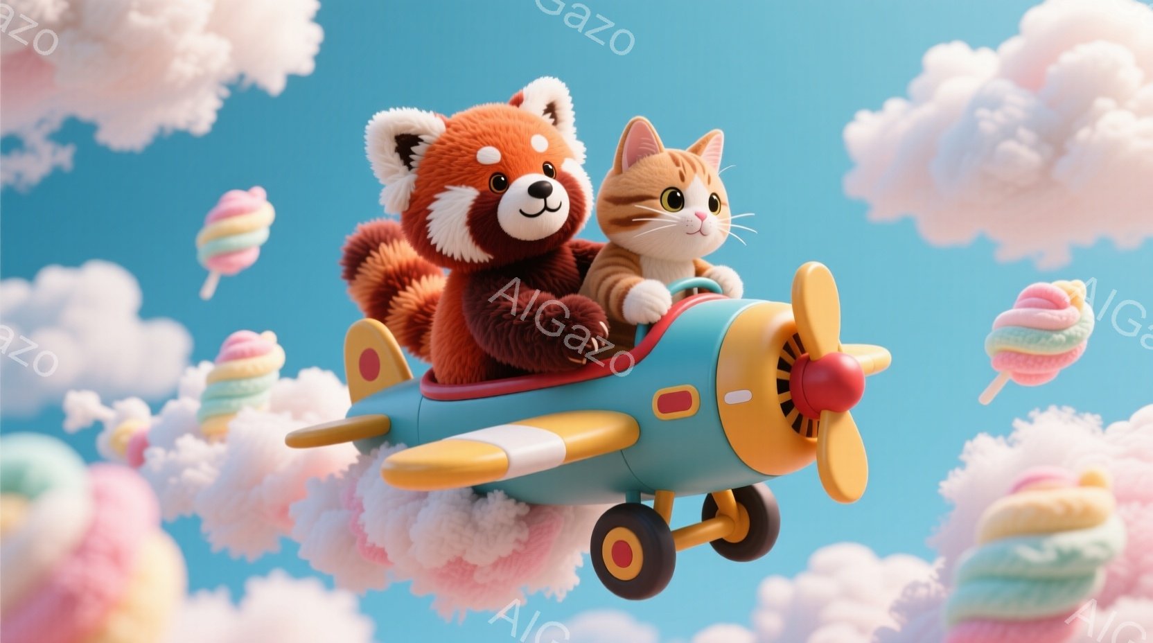 赤いパンダと猫が、水色の飛行機に乗って雲の上を飛んでいる様子が描かれています。パンダはパイロットのように飛行機の座席に座り、猫は助手席に座って笑顔を浮かべています。背景には、ふわふわとした雲とカラフルなマカロンが浮かび、夢のような空気が漂っています。
