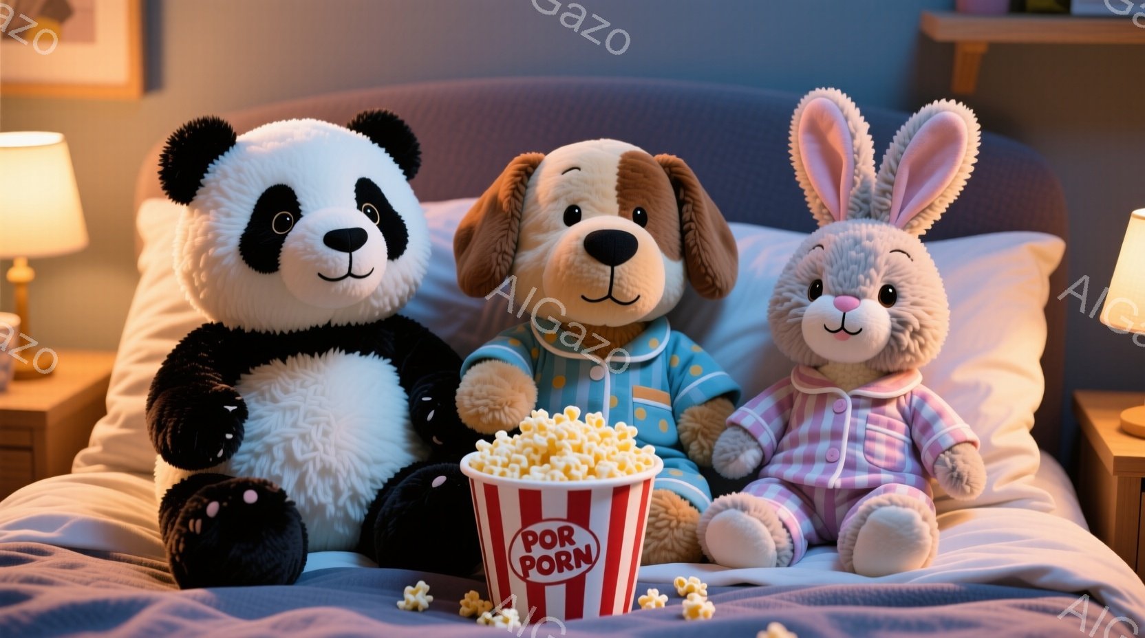 ベッドの上にパンダ、犬、ウサギのぬいぐるみたちが座っています。パンダは黒い毛並みで、犬は水色のパジャマを着ており、ウサギはピンク色のパジャマを着ています。ポップコーンの入った赤いバケツがぬいぐるみたちの間に置かれており、周りにポップコーンが散らばっています。