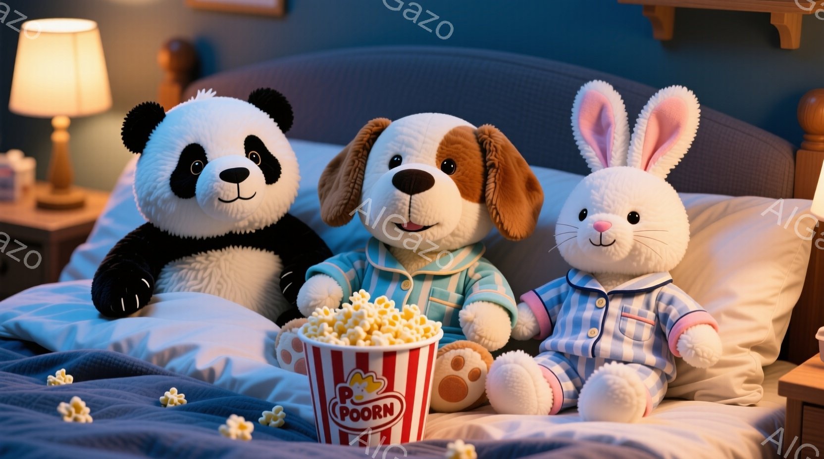 ぬいぐるみであるパンダ、犬、ウサギがベッドに座って、赤いポップコーンのバケツを囲んでいます。パンダは黒くてふわふわしており、犬は水色のパジャマを着ており、ウサギはピンクの縁取りのあるパジャマを着ています。背景には枕があり、全体的に暖かく、居心地の良い雰囲気です。