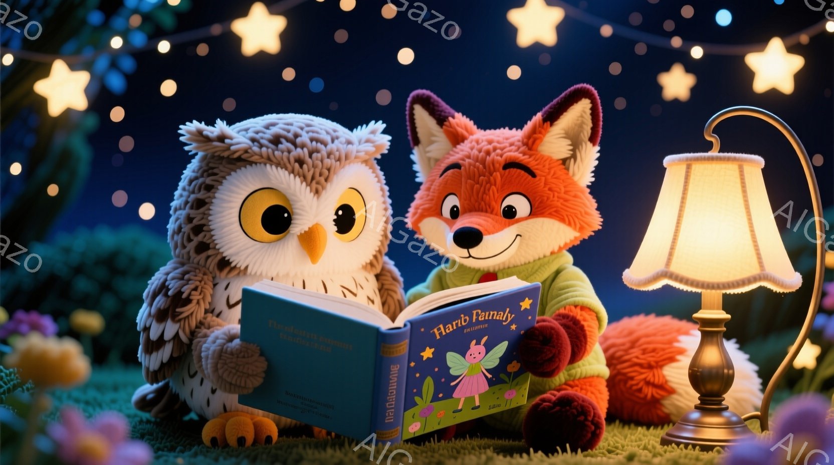 夜の背景に、フクロウとキツネが本を読みながら座っています。フクロウは薄茶色のベストを着て、キツネは黄色のセーターを着ています。周囲には花が咲き乱れ、星が輝き、温かく幻想的な雰囲気を作り出しています。 - AI生成フリー素材