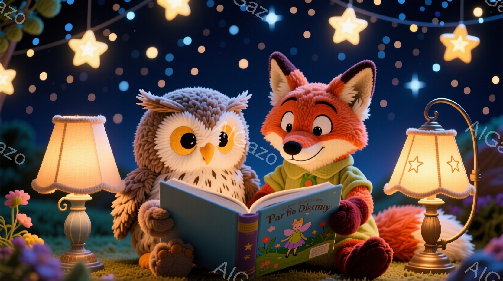 明るい緑色のセーターを着たキツネとフクロウが、膝を抱えて芝生の上に座り、絵本を一緒に読んでいます。本には「Pario Dermy」というタイトルが書かれており、背景には星空と、小さなランタンや花が散り - AI生成フリー素材