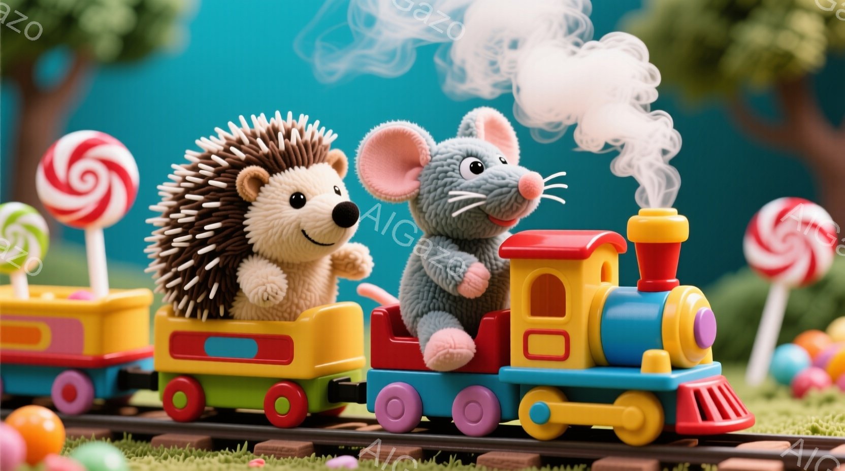 ぬいぐるみのようなハリネズミとネズミが、カラフルな玩具の列車に乗っています。ハリネズミは列車の一番後ろの車両に座り、ネズミは機関車の運転席に座って楽しそうに笑っています。背景にはキャンディや緑の草が生 - AI生成フリー素材