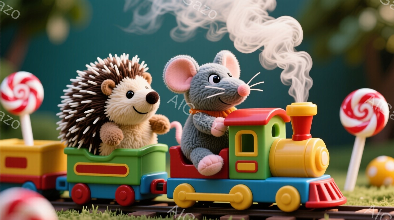 緑の芝生の上に、おもちゃの列車が走っており、ハリネズミとネズミが乗っています。ハリネズミは列車の一番後ろの車両に座り、ネズミは機関車の運転席に座り、楽しそうにしています。背景にはカラフルな棒付きキャン - AI生成フリー素材
