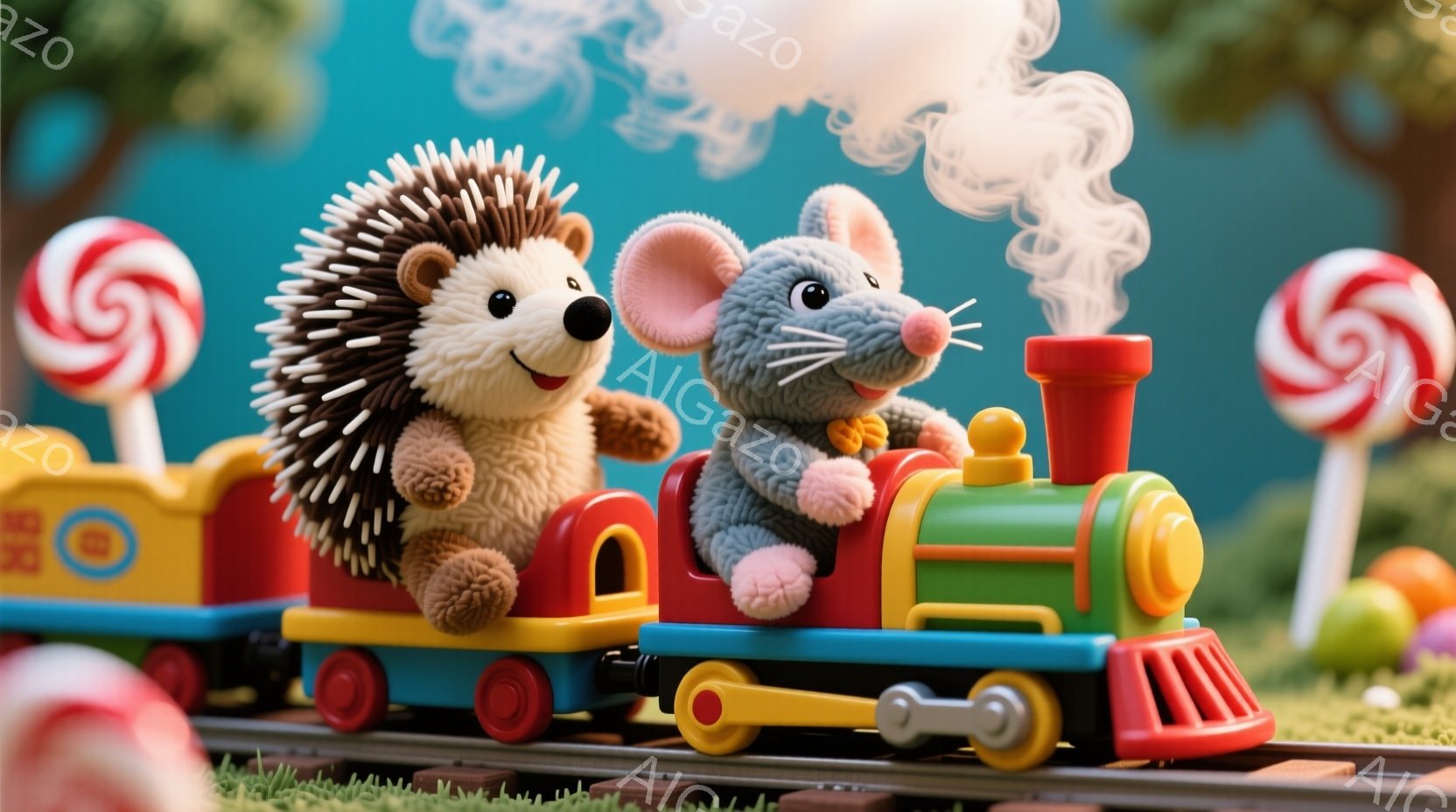 可愛らしいハリネズミとネズミが、カラフルな列車に乗って楽しそうに走っている様子が描かれています。ハリネズミは赤いスカーフを巻いており、ネズミは黄色いリボンをつけています。背景には、キャンディや緑の草が - AI生成フリー素材