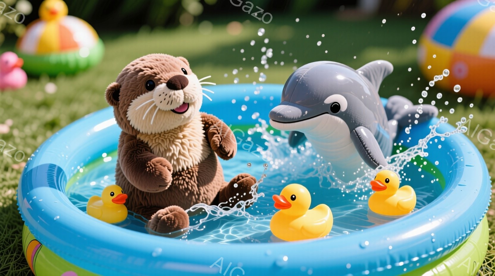 ふわふわのカワウソのぬいぐるみがおもちゃのプールの中で水遊びを楽しんでいます。周りには黄色いアヒルの浮き輪が浮かび、背景には緑の芝生と色とりどりのビーチボールが見えます。水しぶきが飛び交い、明るく楽し - AI生成フリー素材