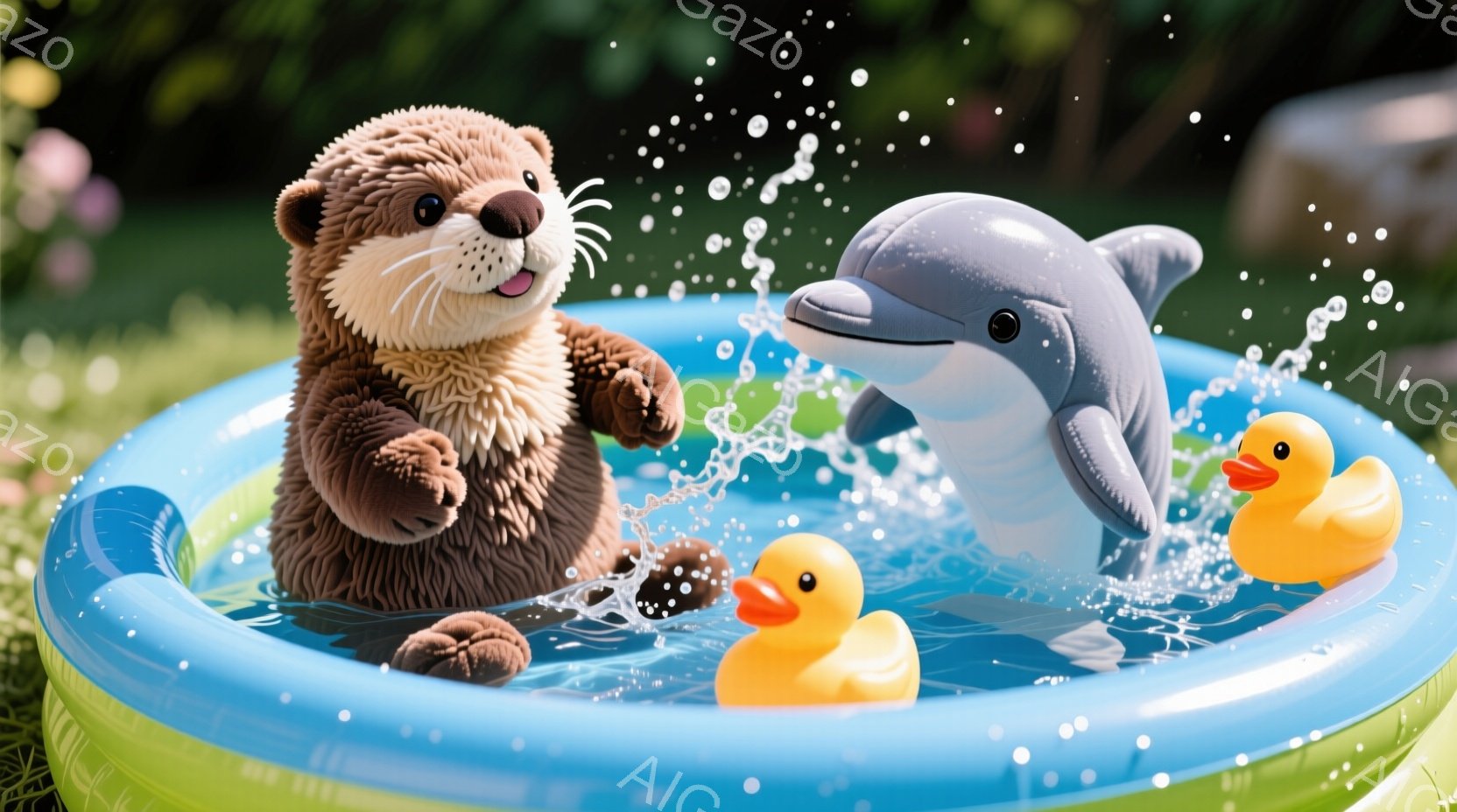 浅い青と緑のプールの中に、茶色の毛並みのカワウソのぬいぐるみと、白いイルカの浮き輪、黄色いアヒルの浮き輪が浮かんでいます。カワウソのぬいぐるみは正面を向き、口を開けて楽しそうに笑っています。背景には緑 - AI生成フリー素材