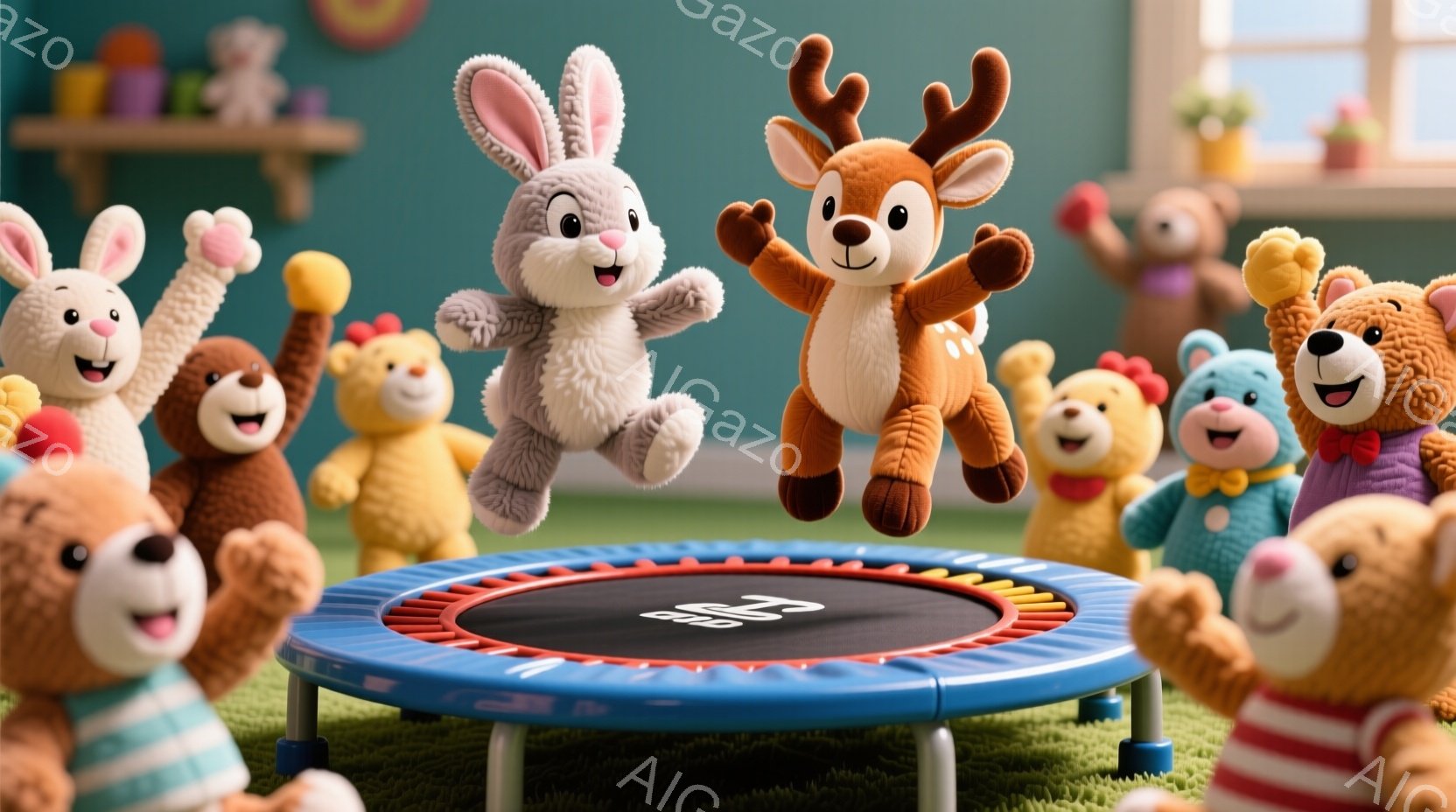 鮮やかな青いトランポリンの上で、様々な動物のぬいぐるみたちが楽しそうに飛び跳ねています。ウサギ、クマ、シカ、ヒツジなど、それぞれ異なる表情で喜びを表現し、背景にはカラフルな木製のおもちゃが並んだ棚が見 - AI生成フリー素材