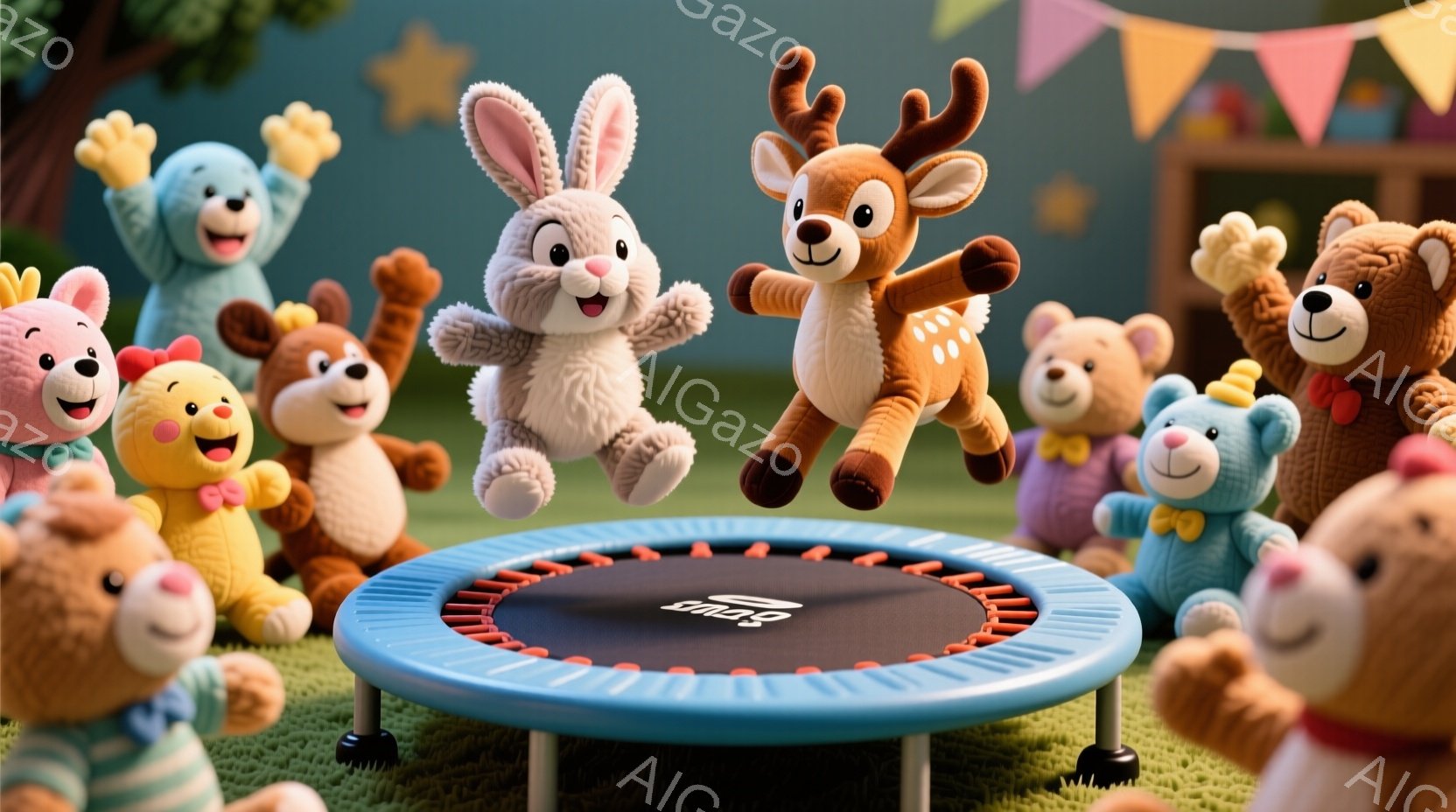 複数の可愛らしいぬいぐるみがトランポリンの上で楽しそうに飛び跳ねています。ウサギとシカが特に高く飛び、他のクマやその他の動物たちはトランポリンの周りに集まって見守っています。背景には緑の芝生とカラフル - AI生成フリー素材