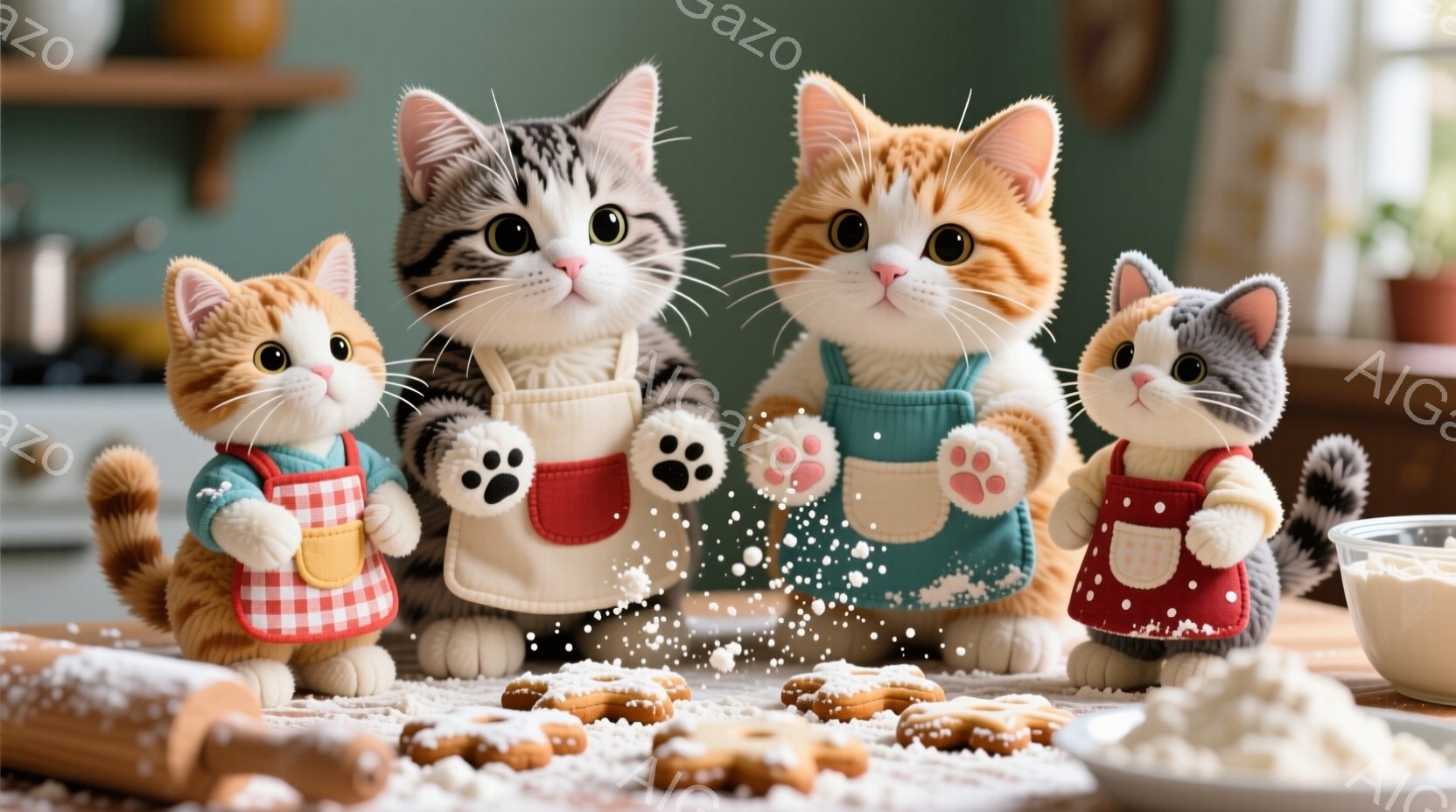 暖炉のあるキッチンで、エプロンをつけた猫たちがクッキー作りに夢中になっています。一匹は小麦粉を空中に撒き散らし、他の猫たちはクッキーや小麦粉に囲まれ、楽しそうな表情をしています。背景には木製の棚や植物 - AI生成フリー素材