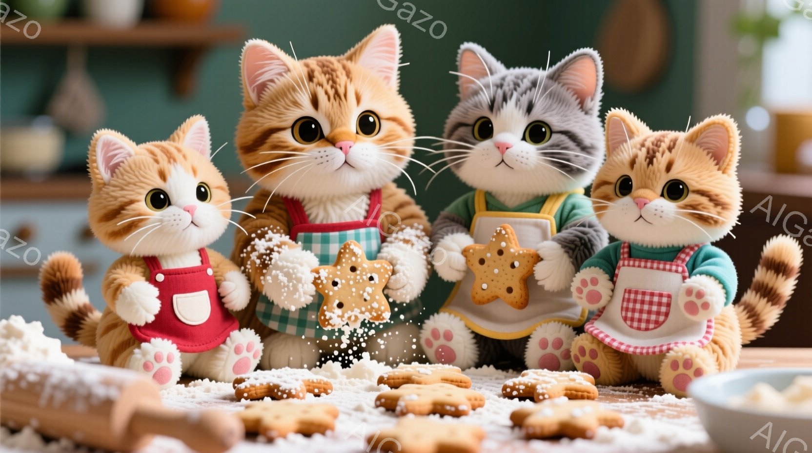 小麦粉とクッキーに囲まれた四匹の猫が写っています。それぞれの猫はエプロンをつけており、オレンジ、グレー、クリーム色の毛並みを持っています。猫たちは陽気な表情でクッキーを焼く作業を楽しんでいるように見え、背景には木製のテーブルと棚が見えます。