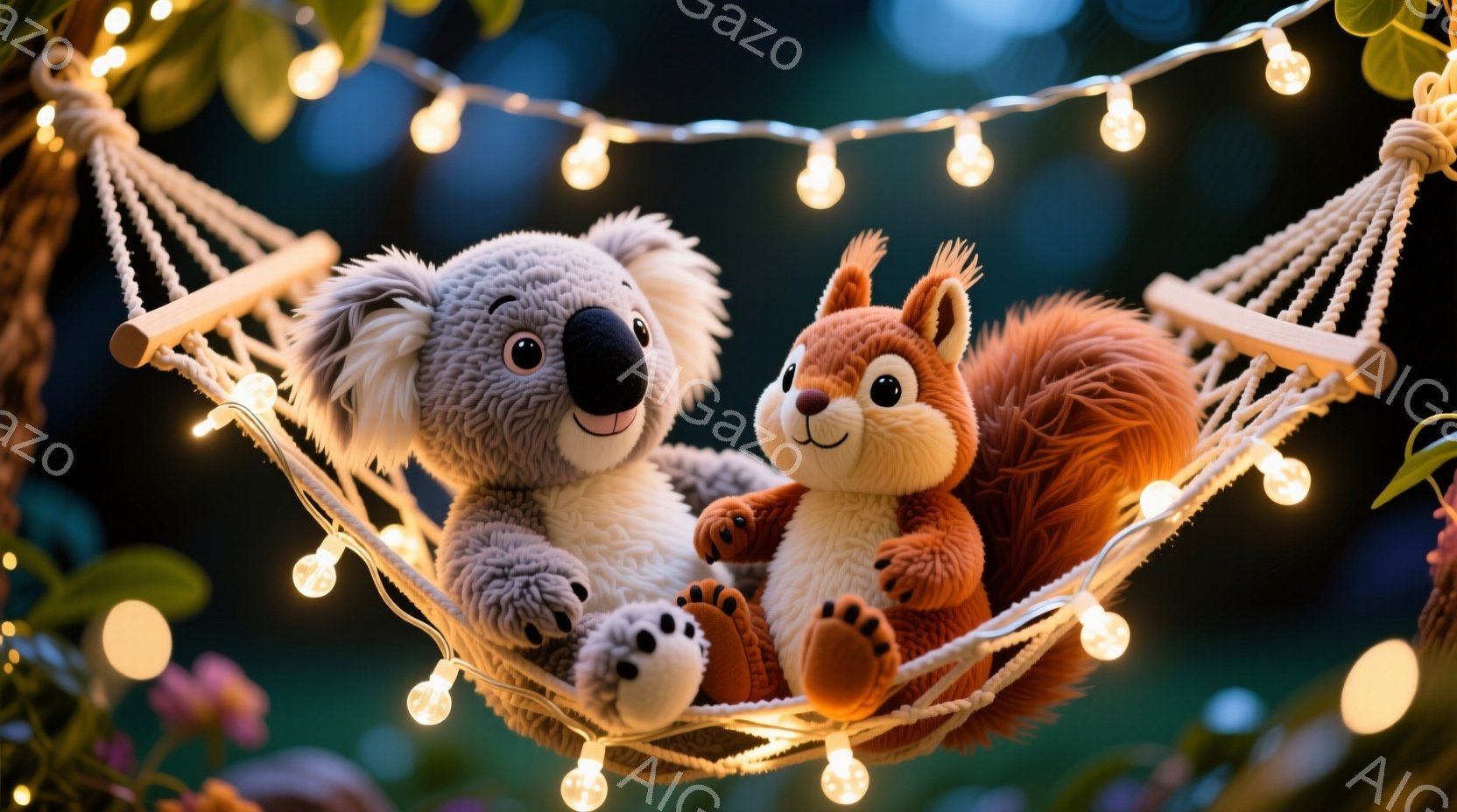 ふわふわのコアラとリスがハンモックに横たわっており、楽しそうに微笑んでいます。ハンモックは小さな電球のライトで飾られ、背景にはぼやけた緑豊かな植物が見えます。全体的に、暖かく心地よい、夢のような雰囲気です。