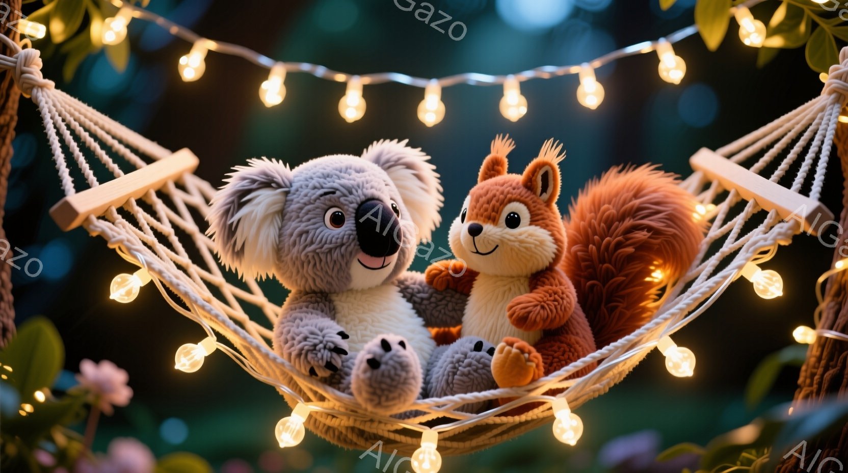 ふわふわのコアラとリスがハンモックに並んで座っており、リラックスした表情を浮かべています。ハンモックは木の間に吊るされ、周囲には緑豊かな植物が見え、小さな電球が飾られています。全体的に暖かく穏やかな雰囲気で、心地よい休息の時間を表しているようです。
