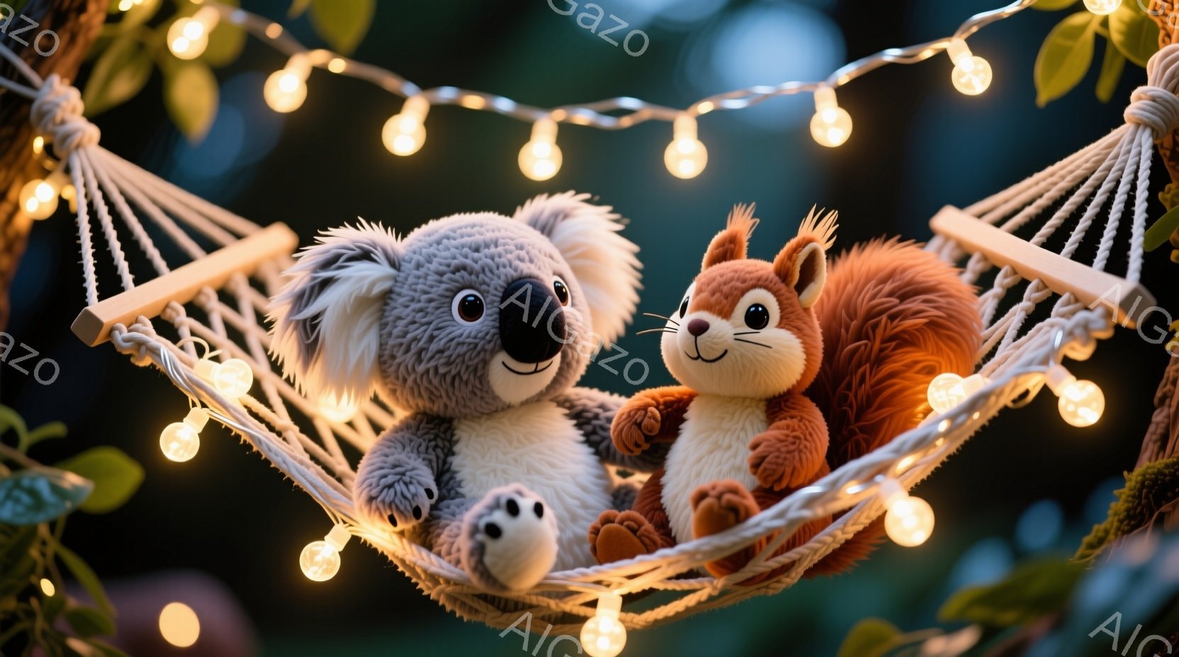 ふわふわのコアラとリスのぬいぐるみは、白いロープのハンモックに並んで座っています。背景には緑の葉と温かい光のストリングライトがあり、リラックスした雰囲気を作り出しています。ぬいぐるみは可愛らしい表情で、穏やかな夜の光の中でくつろいでいるように見えます。