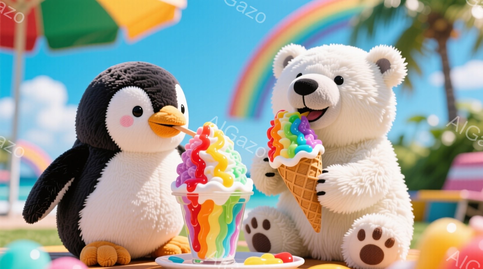 ペンギンとシロクマがカラフルなアイスクリームを楽しんでいる様子を描いています。ペンギンはストライプのグラスに入ったレインボーアイスを吸い、シロクマはコーンに入ったアイスクリームを嬉しそうに食べています - AI生成フリー素材