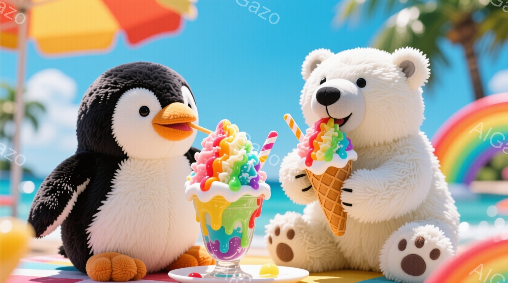 白い毛並みのテディベアと、黒い羽毛のペンギンが、カラフルなレインボーアイスクリームをそれぞれ楽しんでいます。背景にはプールとヤシの木が見え、虹がかかっており、夏らしい陽気な雰囲気が漂っています。アイス - AI生成フリー素材