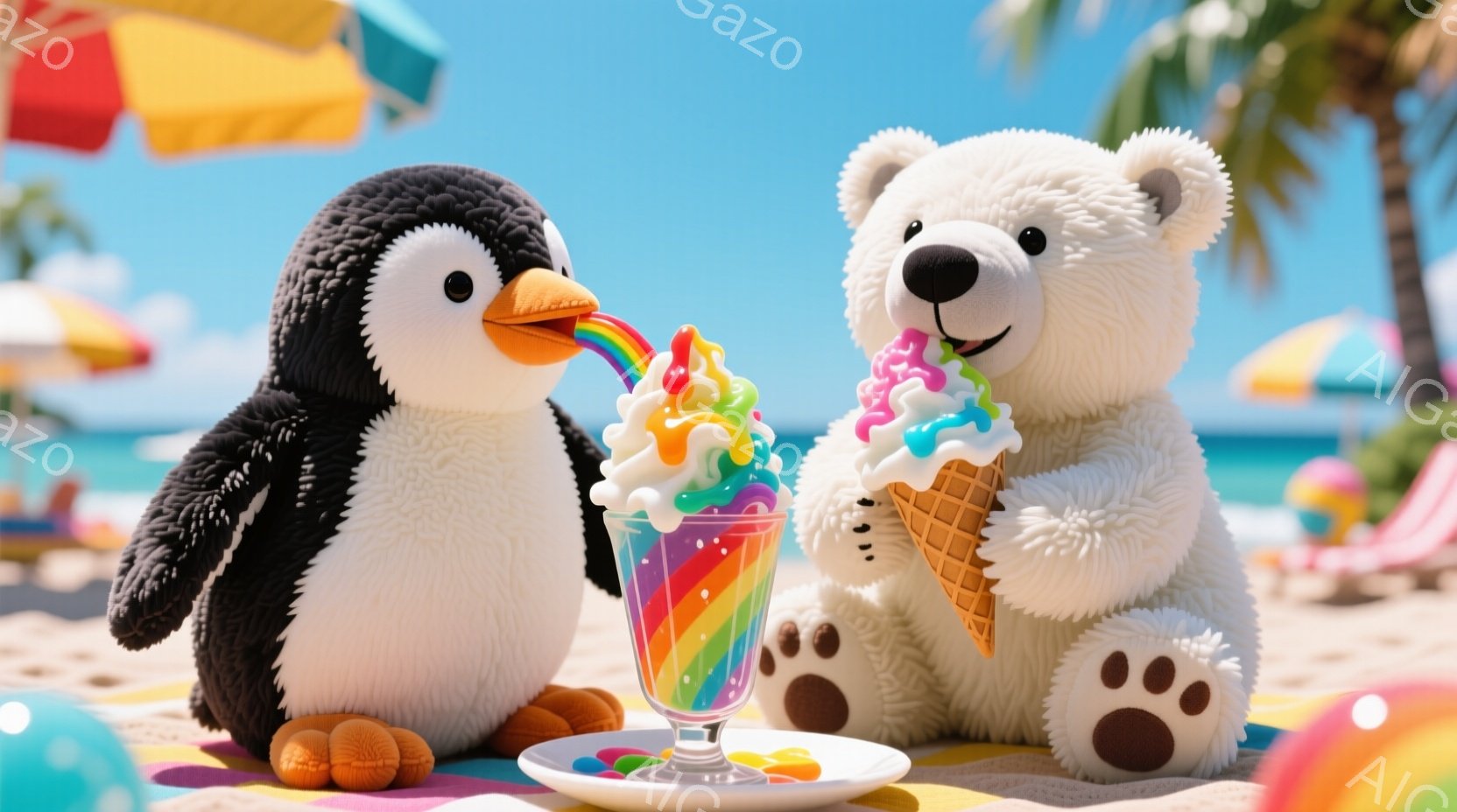 白いペンギンとテディベアが、カラフルなアイスクリームをそれぞれ楽しんでいます。ペンギンはグラスに入った虹色のソフトクリームを、テディベアはコーンに入ったアイスクリームを抱えており、背景には青い海とヤシ - AI生成フリー素材