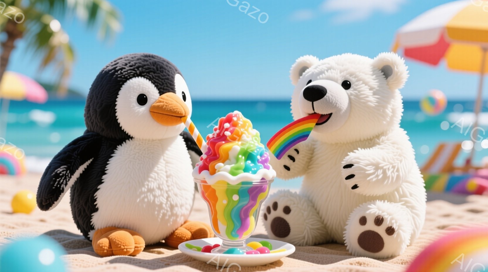 白いペンギンとテディベアが砂浜に座り、虹色のシャーベットを分け合っています。背景には青い海と空、カラフルなビーチパラソル、そしてビーチボールが見え、晴れた夏の日の雰囲気が漂っています。ペンギンとテディベアは幸せそうにシャーベットを味わっており、楽しげな時間が表現されています。