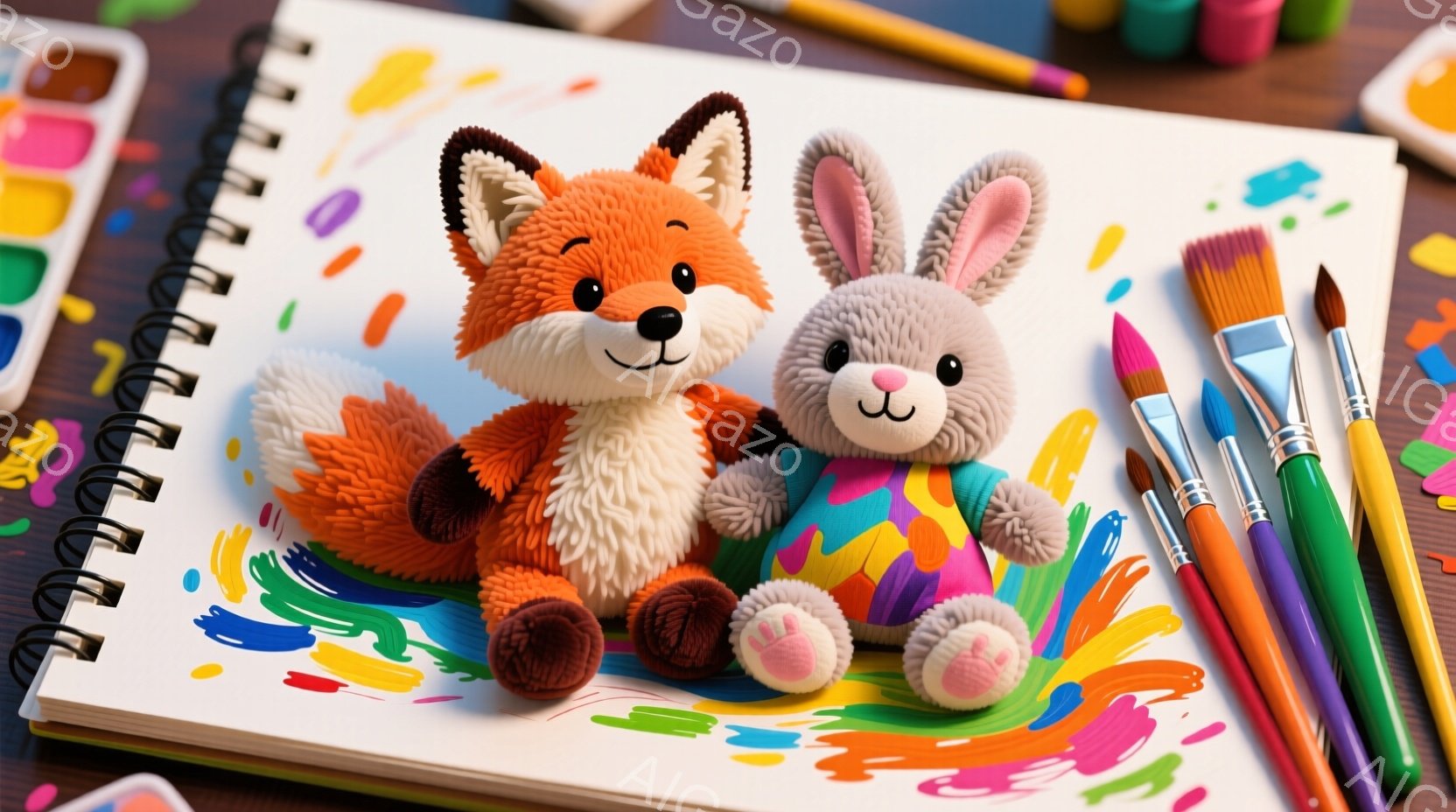 開かれたスケッチブックの上に、ふわふわのオレンジ色のキツネと、カラフルなセーターを着たウサギのぬいぐるみがあります。キツネは微笑んでおり、ウサギは穏やかな表情で、寄り添うように配置されています。背景には、絵筆やパレット、色とりどりの積み木が見え、創造的な雰囲気を感じさせます。
