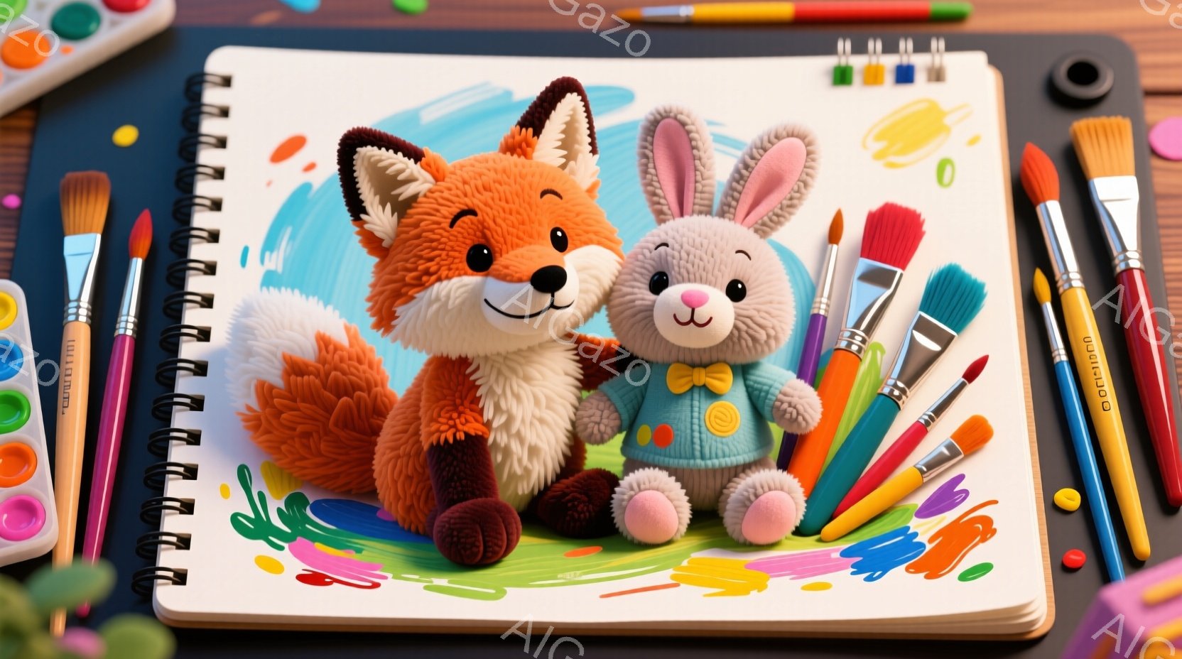 鮮やかな背景に、ふわふわとしたオレンジ色のキツネと、水色のセーターを着たウサギが寄り添っています。キツネは明るい笑顔で、ウサギは穏やかな表情を浮かべており、二匹とも可愛らしい姿をしています。背景には絵 - AI生成フリー素材