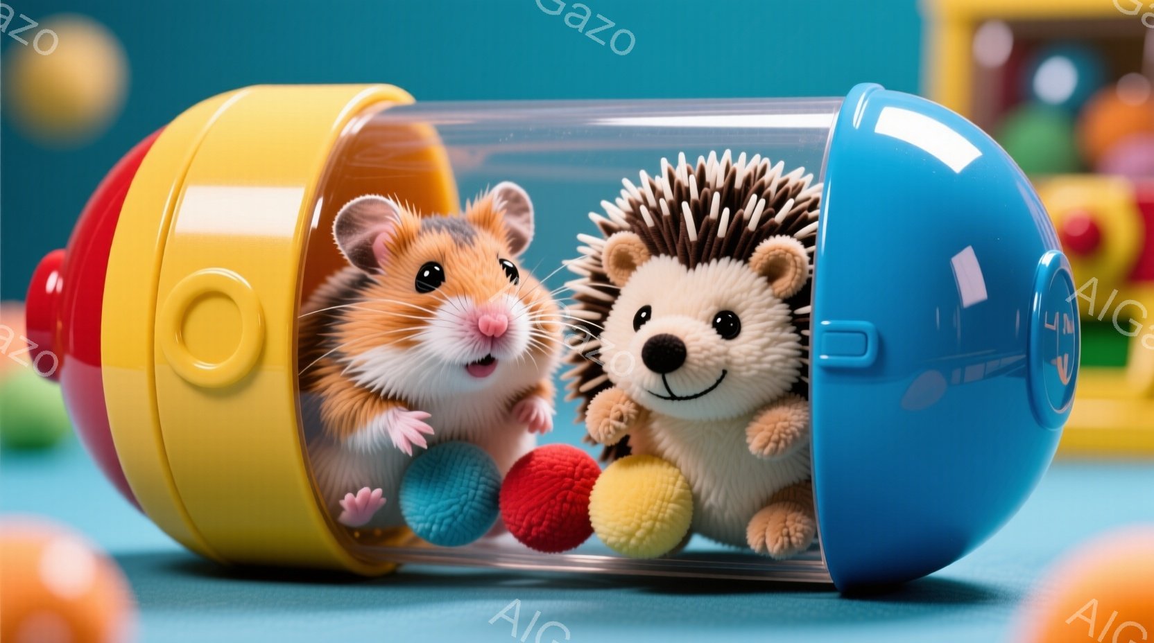 カラフルなトンネルから顔を覗かせたハムスターとハリネズミのおもちゃが写っています。ハムスターはオレンジと白の毛並みで、ピンクの小さなボールを抱え、ハリネズミは茶色と白の毛並みで、青いボールを抱えていま - AI生成フリー素材