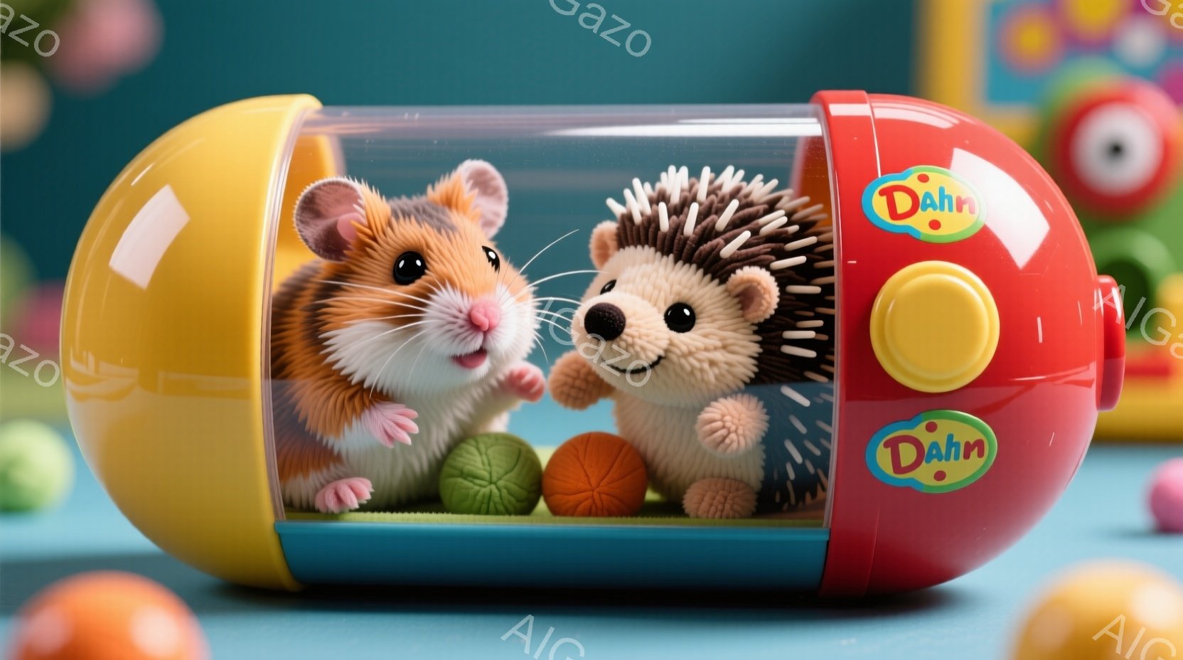 ハムスターとハリネズミが、赤、青、黄色で構成された筒状の容器の中にいます。ハムスターは明るい表情でカメラに向かって微笑み、ハリネズミは少し恥ずかしそうに微笑んでいます。背景には、さまざまなカラフルなお - AI生成フリー素材