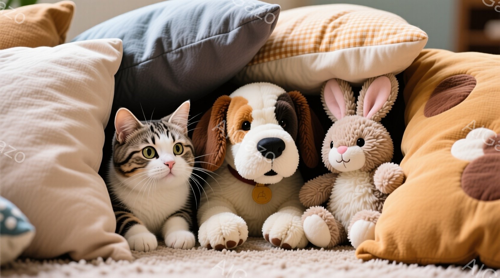 縞模様の猫が、ぬいぐるみ犬とウサギに挟まれてカーペットの上に座っています。猫は顔を少しだけ覗かせ、少し困ったような表情をしています。背景には、様々な色のクッションがあり、全体的に暖かく、居心地の良い雰 - AI生成フリー素材