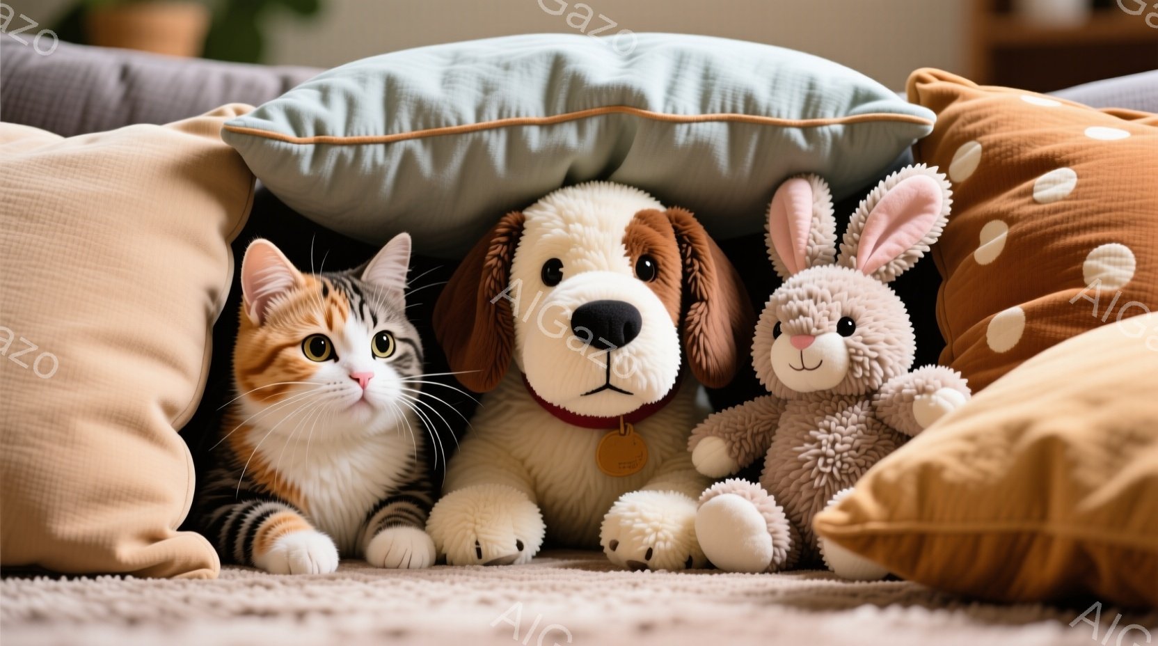 白と茶色の縞模様の猫、茶色のぬいぐるみ犬、そして灰色のウサギのぬいぐるみが、ベージュと茶色の枕に囲まれて寄り添っている。猫は片方の前足を伸ばし、好奇心に満ちた表情でカメラを見つめ、犬とウサギはリラック - AI生成フリー素材