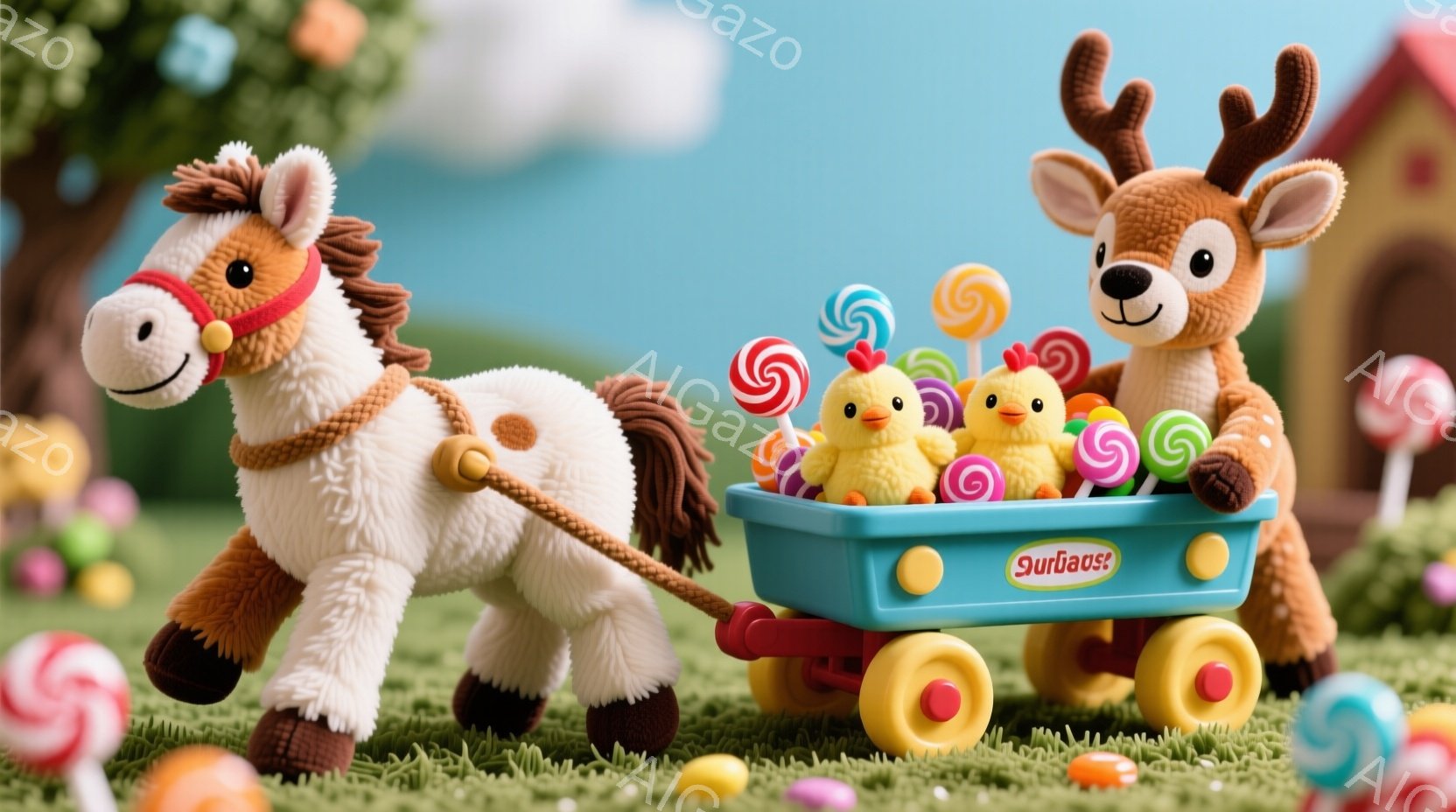 ぬいぐるみで作られた茶色の馬が、青いトレーラーを引いています。トレーラーには黄色いヒヨコたちとカラフルなキャンディが積み込まれており、茶色の鹿のぬいぐるみがトレーラーの後ろに立っています。背景には緑の芝生、カラフルな卵、キャンディ、そしてぼやけた木々が見え、春らしい、遊び心のある雰囲気を醸し出しています。