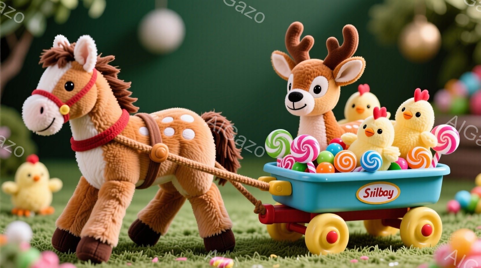 緑色の芝生の上に、縞模様の馬のおもちゃが青いワゴンを引いています。ワゴンにはキャンディやカラフルなイースターエッグ、そしてふわふわのひよこがいくつか乗っており、可愛らしい光景を作り出しています。背景に - AI生成フリー素材
