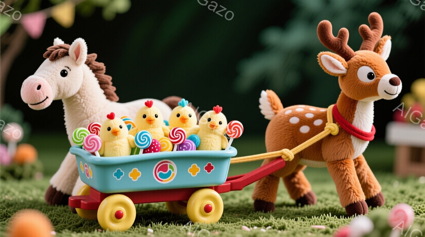 ふわふわの茶色のシカが、水色の荷車を引いています。荷車には、黄色いヒヨコたちが乗り、キャンディーやイチゴなどの甘いお菓子でいっぱいです。背景は緑の芝生で、遠くにはぼんやりと建物が見え、全体的に明るく、甘くて楽しい雰囲気が漂っています。