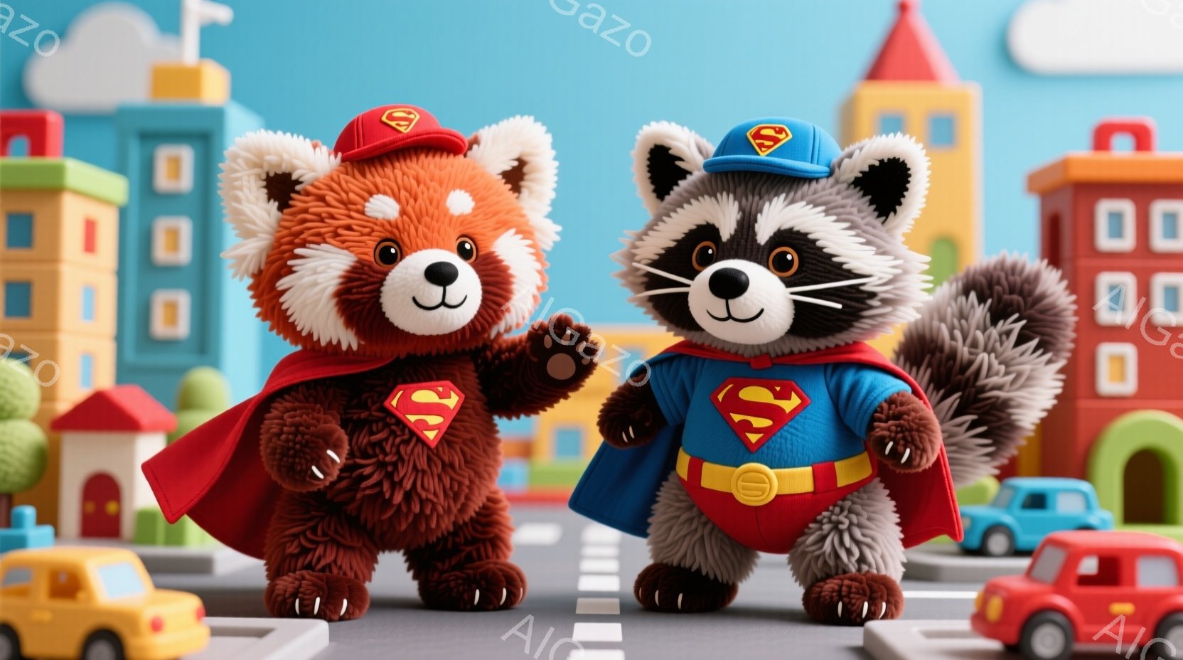 赤いパンダとアライグマの２匹が、それぞれ赤いケープと青いケープを羽織り、頭にはスーパーマンのロゴが入った帽子をかぶっています。２匹とも前足を前に出し、遊歩道を進むようなポーズをとっており、顔には楽しげ - AI生成フリー素材