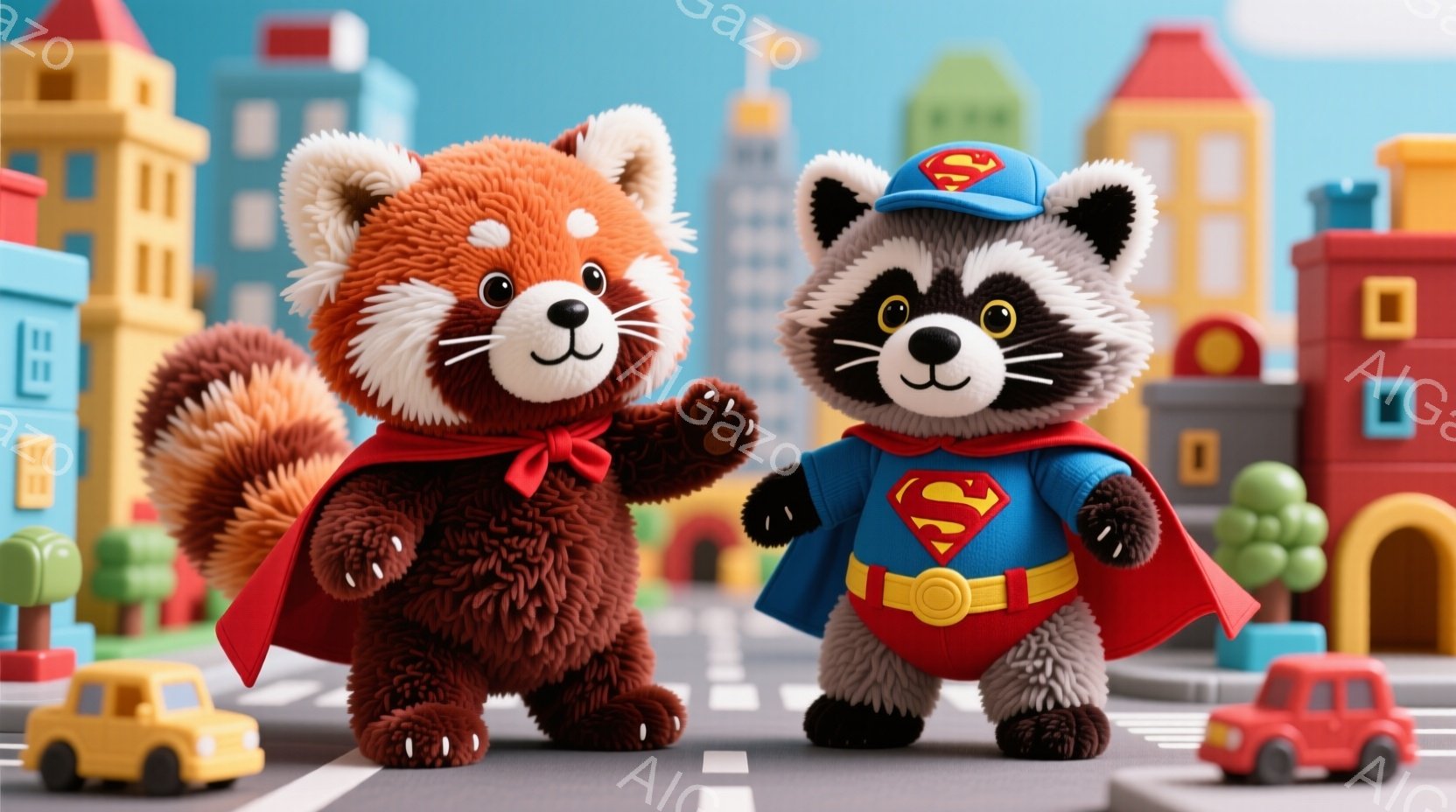 赤いパンダとアライグマが、それぞれ赤いマントと青いマントを羽織り、スーパーマンのエンブレムが入ったベルトを締めて立っています。二匹とも愛らしい表情で、少し前かがみになり、まるでヒーローのように道路を歩いているようです。背景にはカラフルなブロック調の建物や小さな車が並び、明るく楽しい雰囲気を醸し出しています。