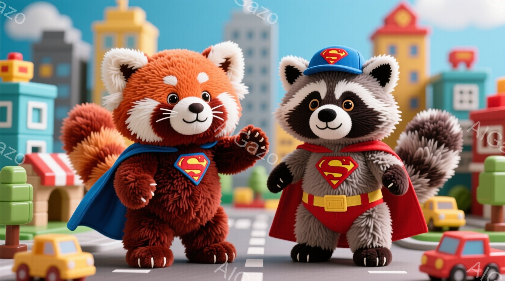ふわふわの赤いパンダとアライグマがスーパーマンのコスチュームを着て、おもちゃのような街並みを歩いています。赤いマント、胸の「S」マーク、そして黄色いベルトが印象的で、どちらも元気いっぱいの表情をしてい - AI生成フリー素材