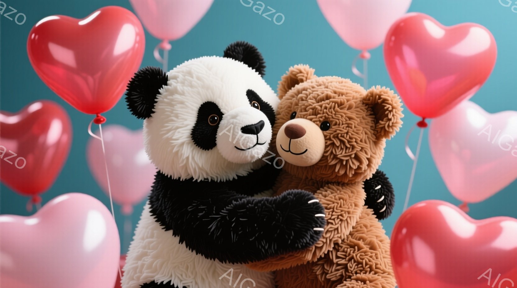 白黒のパンダのぬいぐるみと茶色のクマのぬいぐるみが抱き合っています。背景には、さまざまなサイズの赤いハート型の風船が浮かんでおり、温かくロマンチックな雰囲気を醸し出しています。全体的に柔らかい色使いと - AI生成フリー素材
