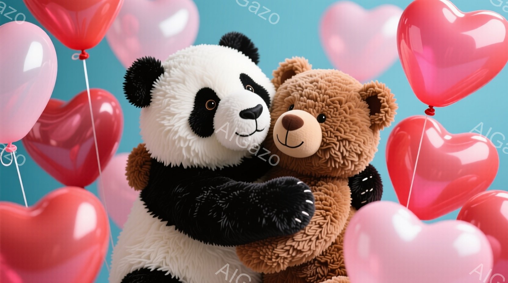 白と黒のパンダのぬいぐるみと茶色のクマのぬいぐるみが抱き合っている様子が描かれています。背景には、様々な大きさのピンクと赤色のハート型の風船が浮かび、明るくロマンチックな雰囲気を作り出しています。全体的に、温かく愛情に満ちた、バレンタインデーを想起させるようなイメージです。