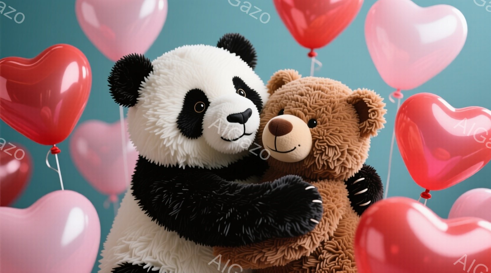 パンダとテディベアが抱き合っている様子が描かれています。パンダは黒と白の毛並みで、テディベアは茶色い毛並みで、どちらも笑顔で温かい表情をしています。背景には赤色のハート型の風船が多数浮かび、全体的に愛 - AI生成フリー素材