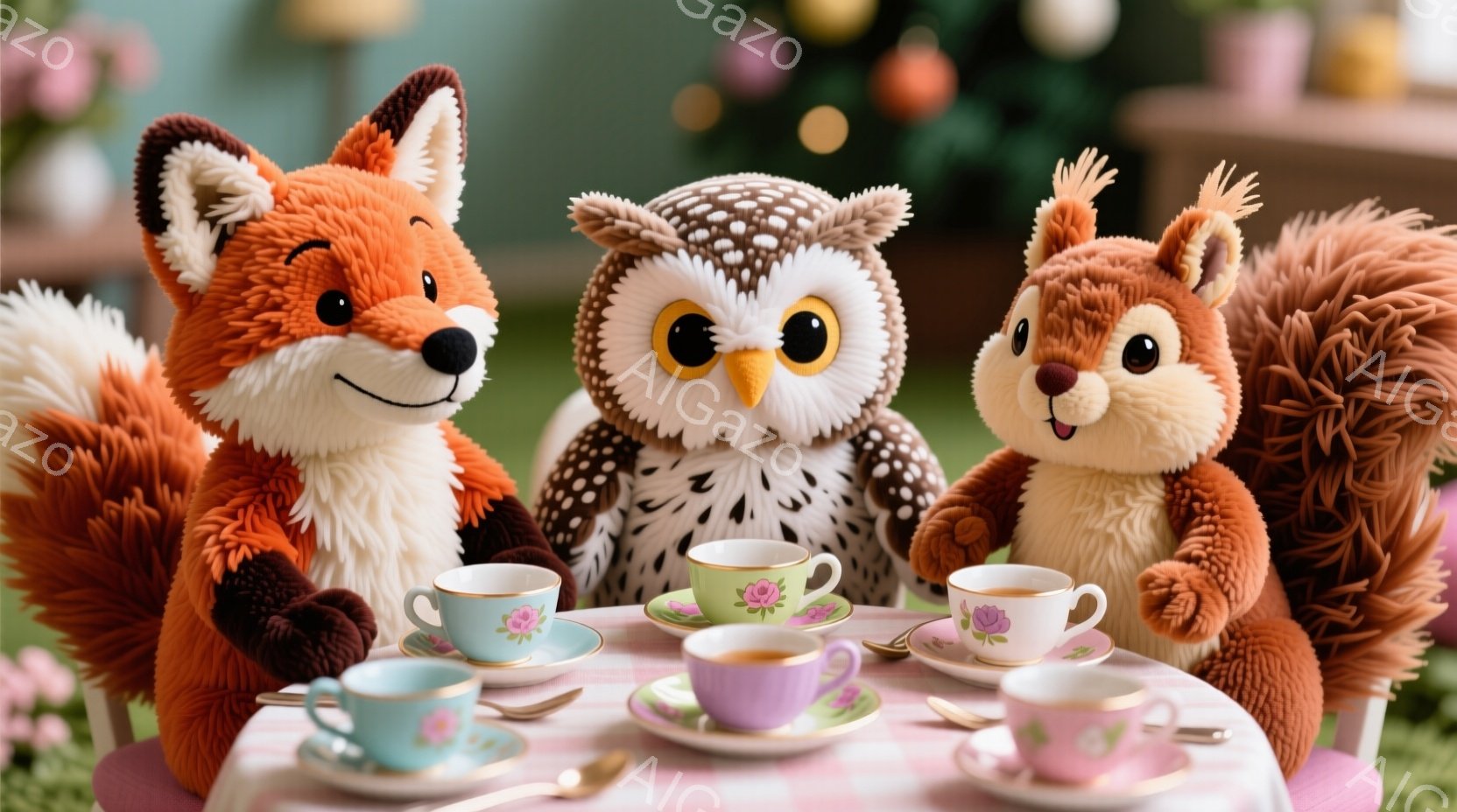 鮮やかなピンク色のテーブルを囲んで、キツネ、フクロウ、リスの3匹の動物のぬいぐるみたちがティーパーティーを楽しんでいる様子が描かれています。それぞれのぬいぐるみは可愛らしい表情で、テーブルの上には繊細 - AI生成フリー素材
